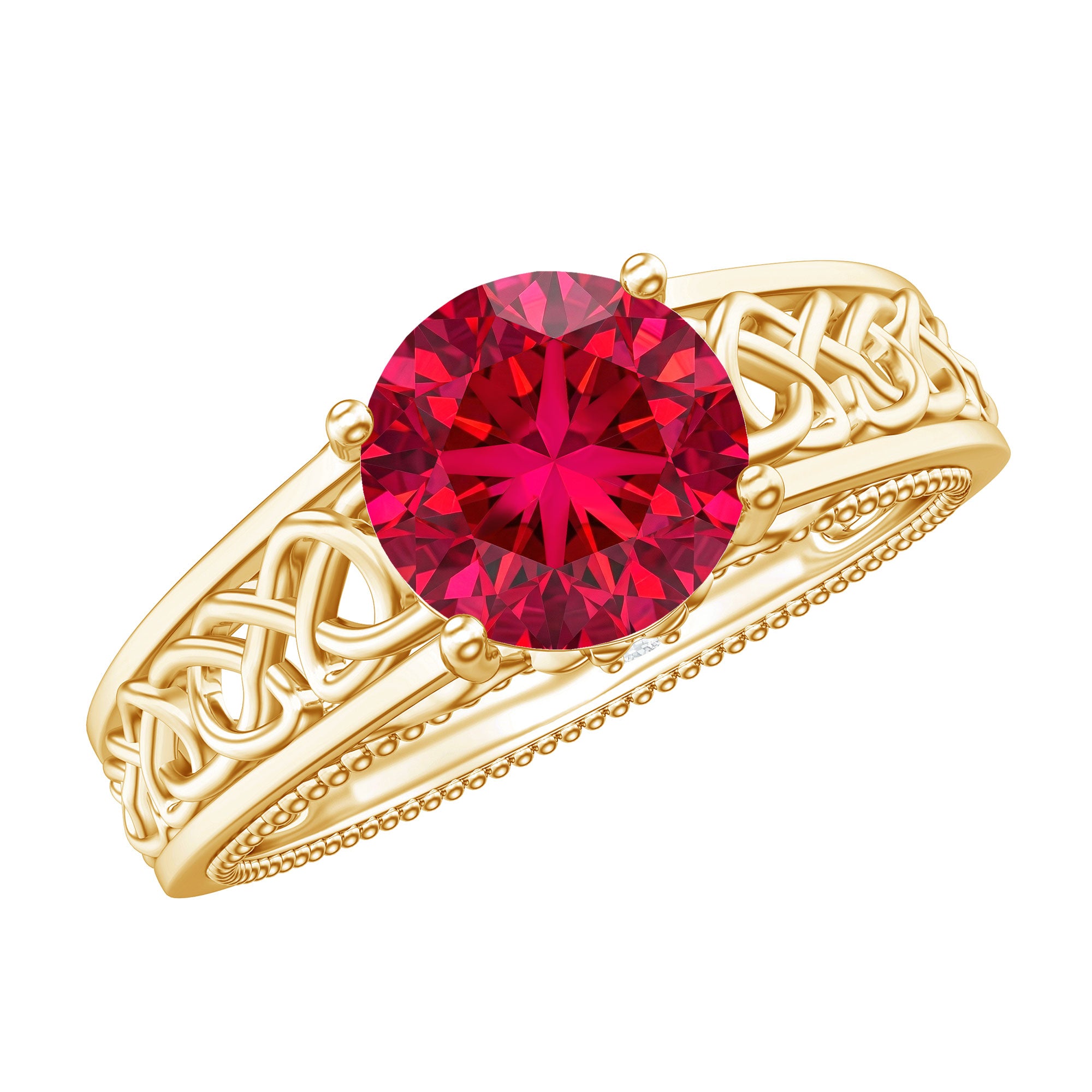 Vintage Style Created Ruby Celtic Knot Band Ring with Surprise Diamond AAAA - Rosec Jewels