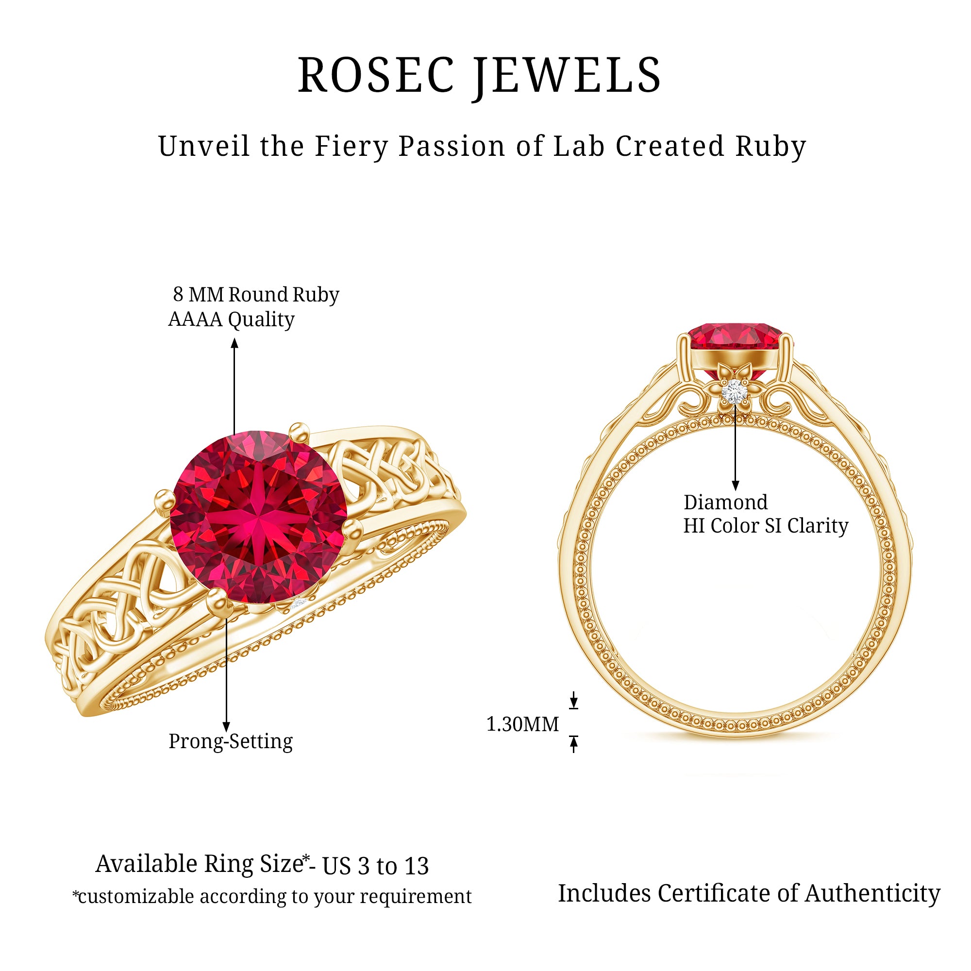 Vintage Style Created Ruby Celtic Knot Band Ring with Surprise Diamond AAAA - Rosec Jewels