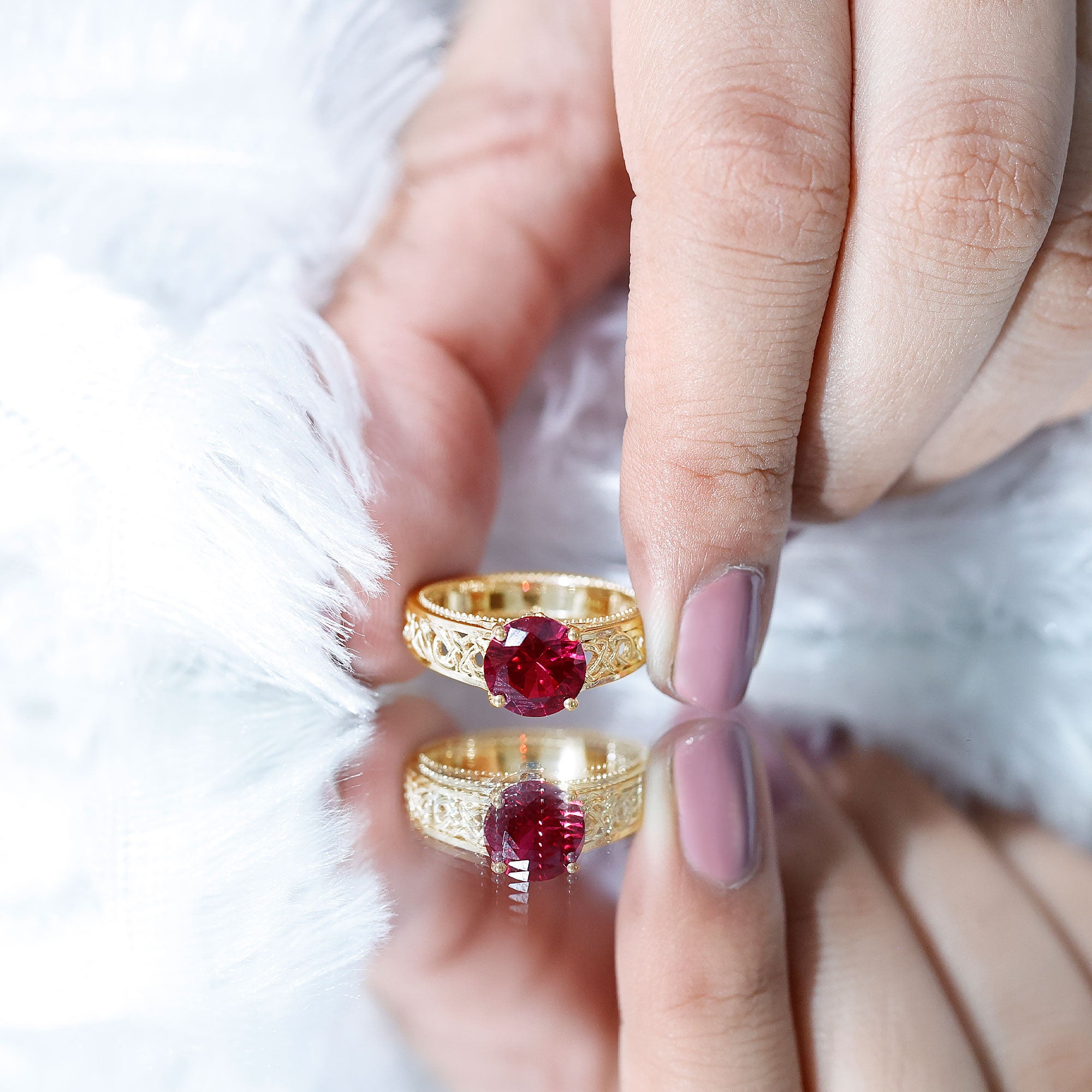 Vintage Style Created Ruby Celtic Knot Band Ring with Surprise Diamond AAAA - Rosec Jewels