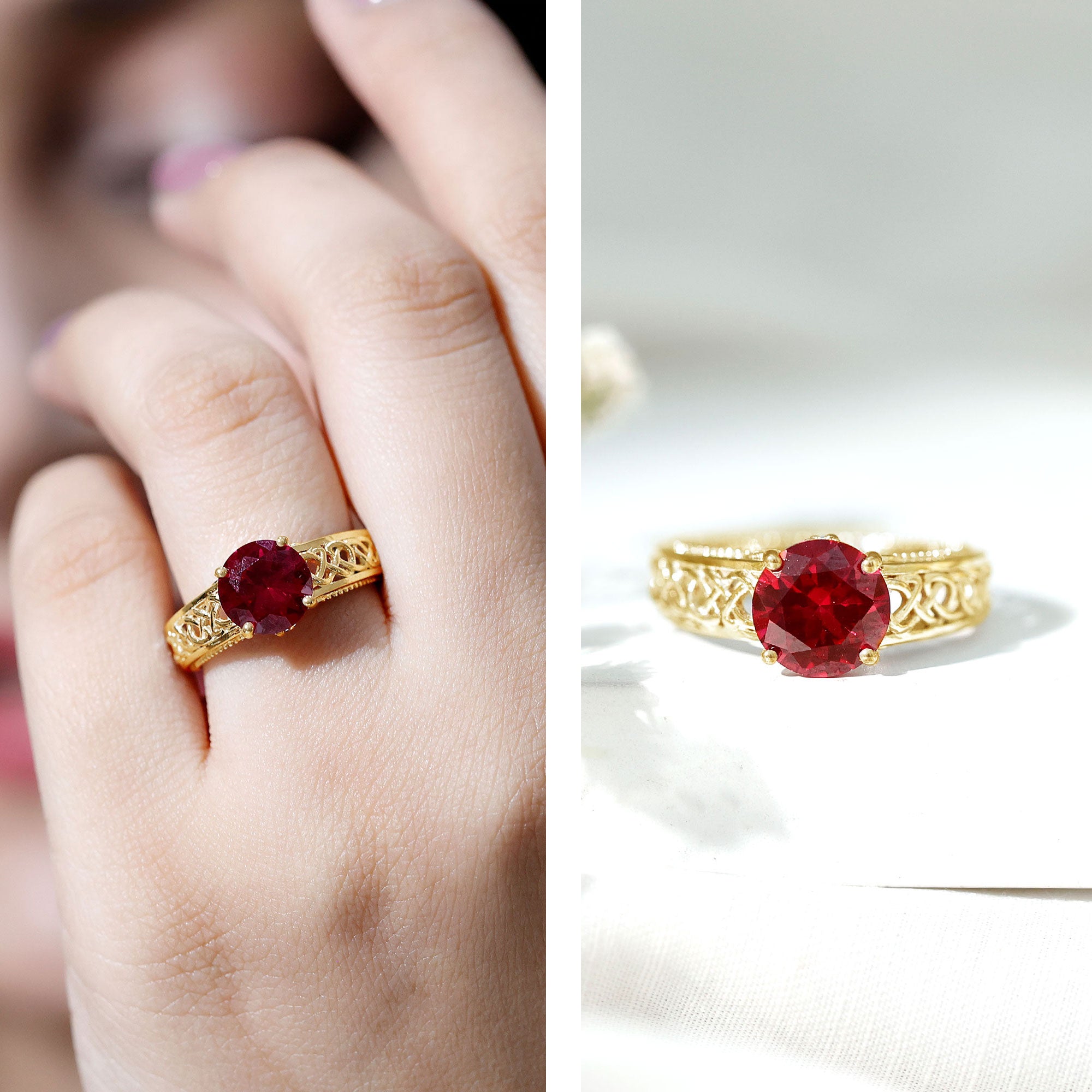 Rosec Jewels-Vintage Style Created Ruby Celtic Knot Band Ring with Surprise Diamond