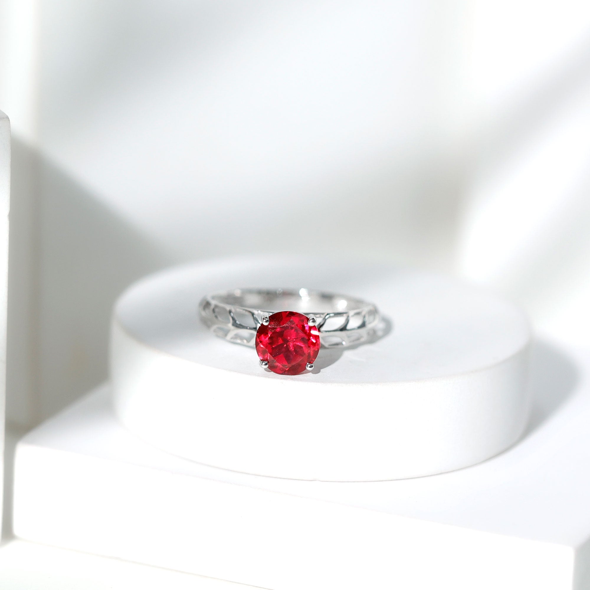 7 MM Lab Created Ruby Solitaire Gold Filigree Ring AAAA - Rosec Jewels