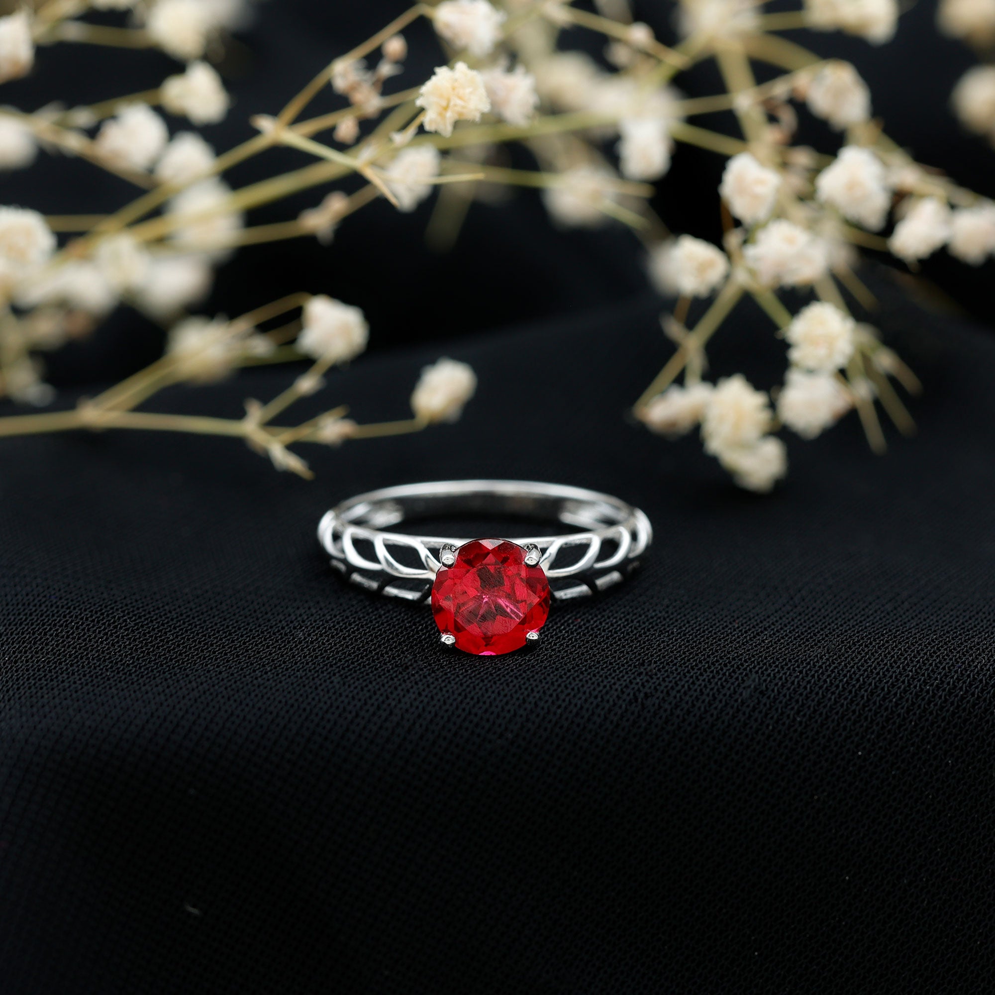7 MM Lab Created Ruby Solitaire Gold Filigree Ring AAAA - Rosec Jewels