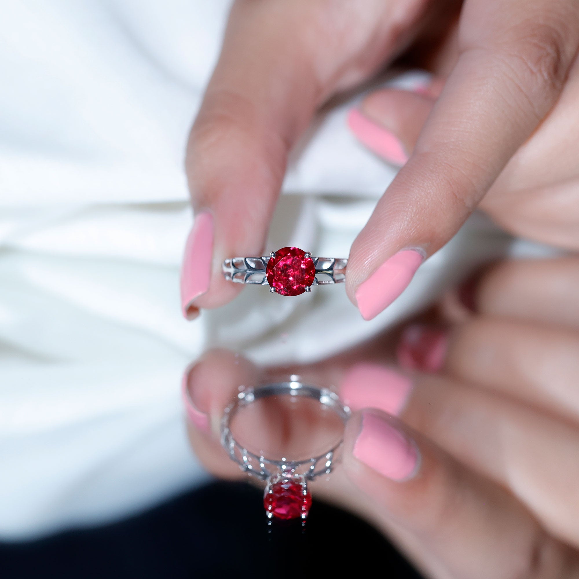 7 MM Lab Created Ruby Solitaire Gold Filigree Ring AAAA - Rosec Jewels