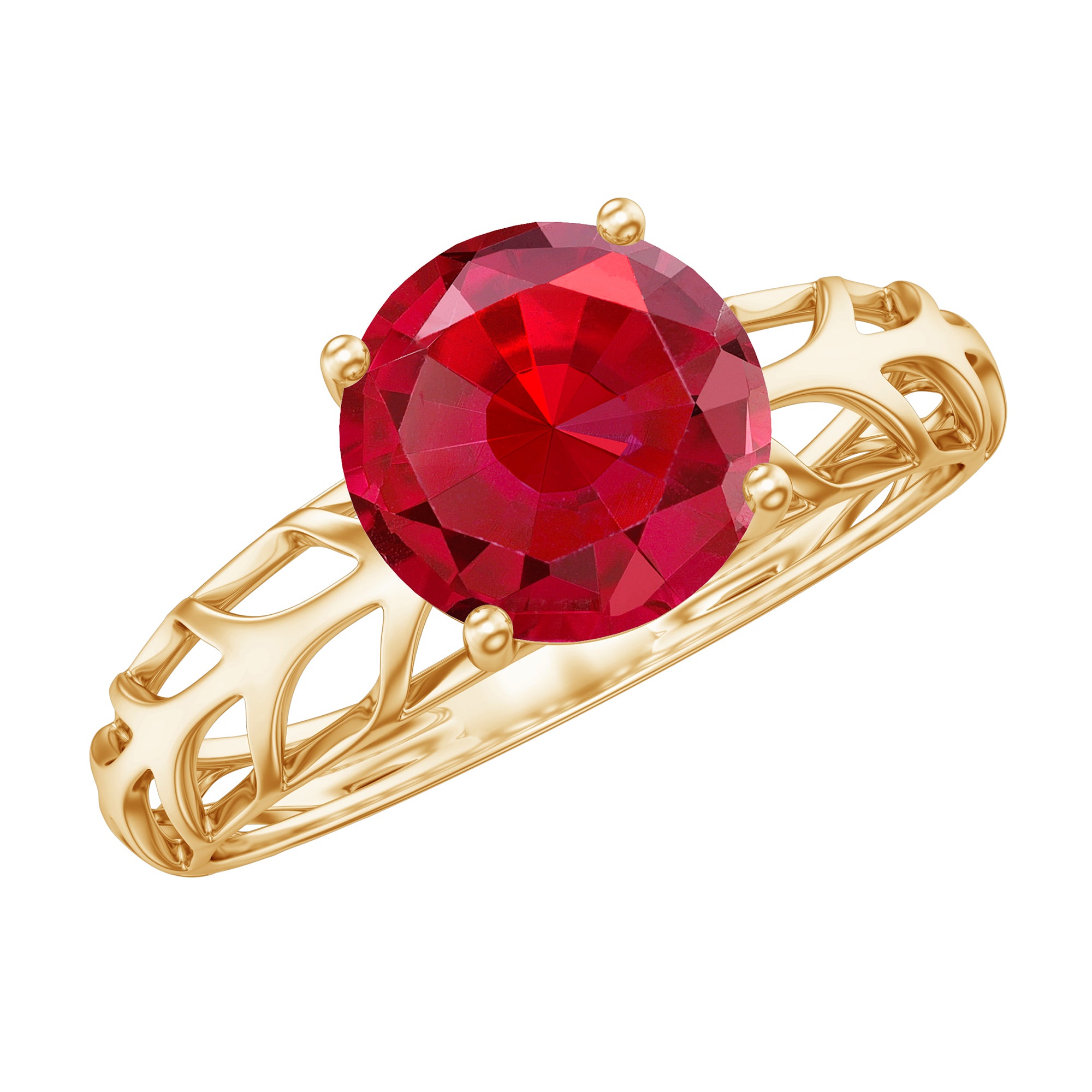 7 MM Lab Created Ruby Solitaire Gold Filigree Ring AAAA - Rosec Jewels