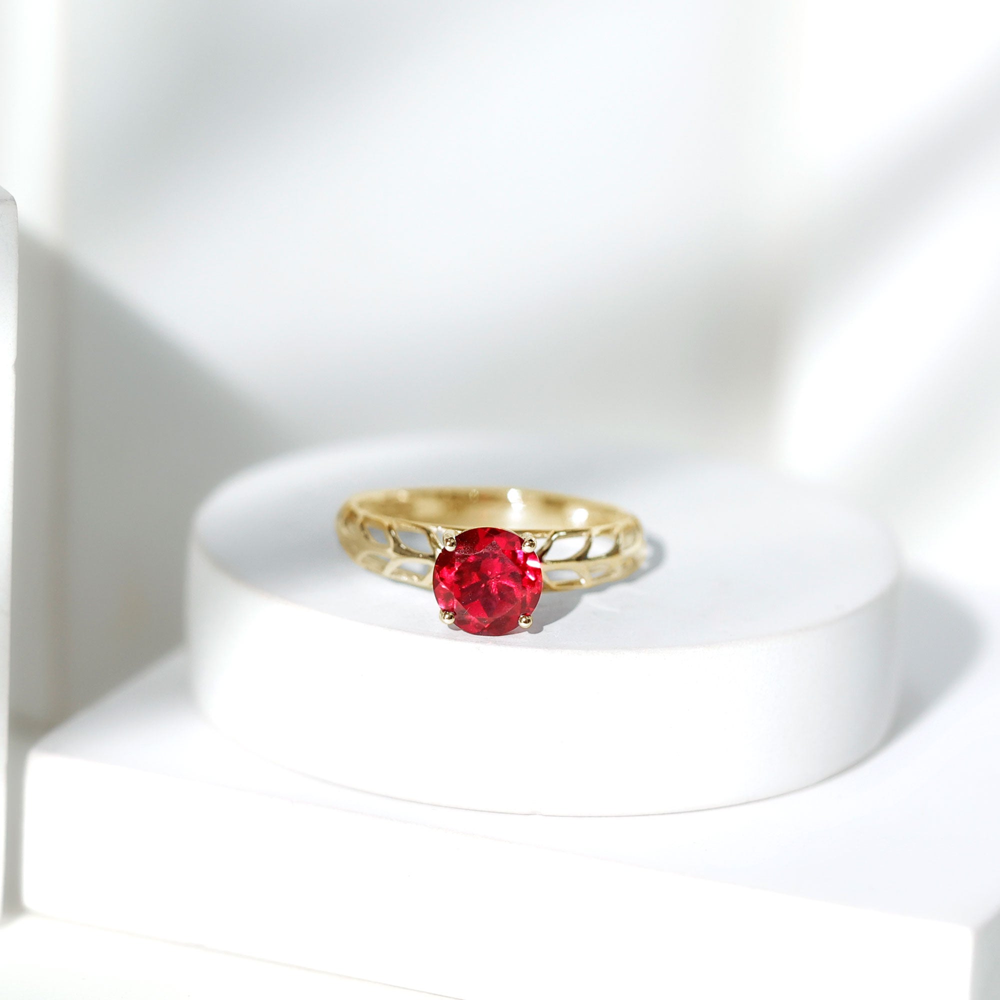 7 MM Lab Created Ruby Solitaire Gold Filigree Ring AAAA - Rosec Jewels