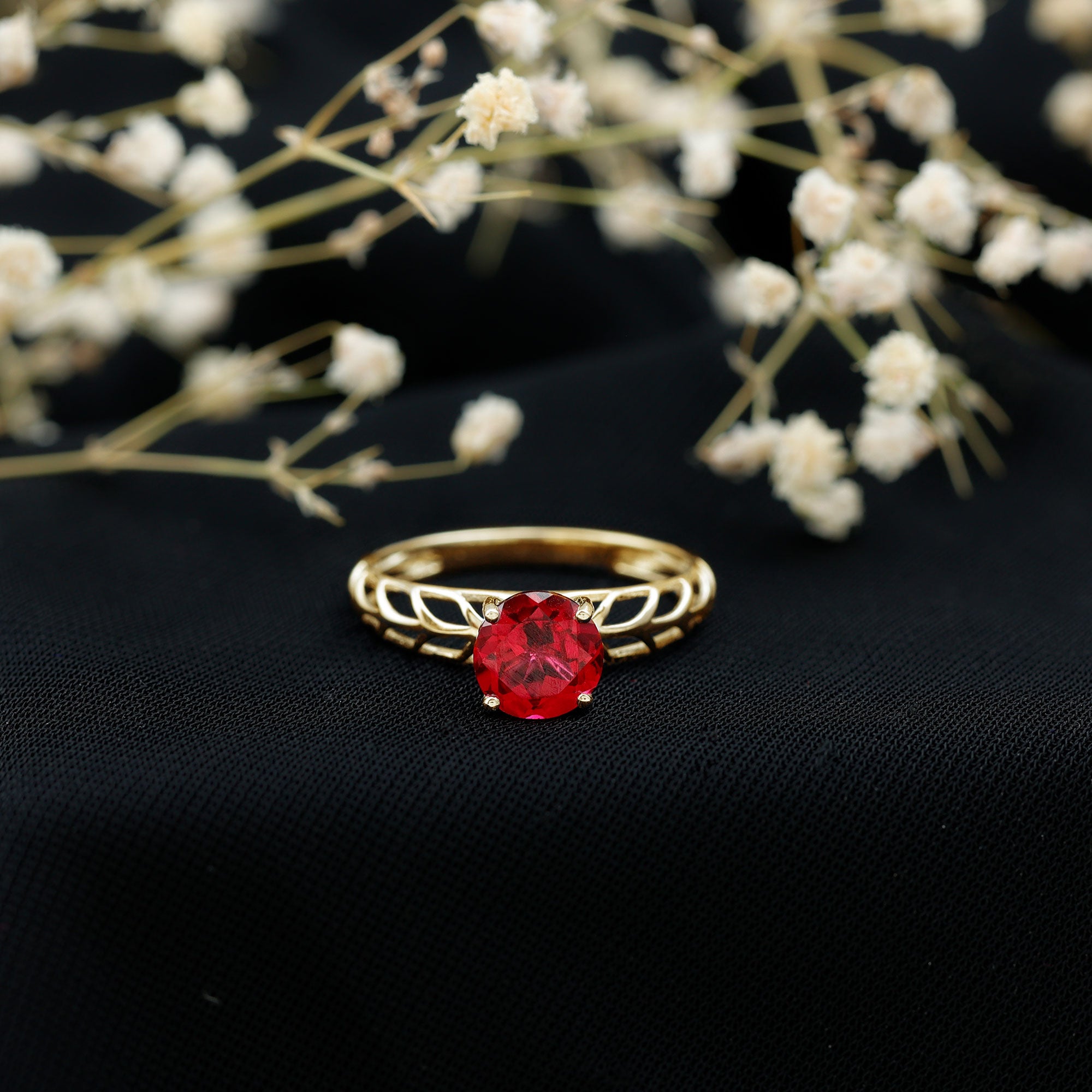7 MM Lab Created Ruby Solitaire Gold Filigree Ring AAAA - Rosec Jewels