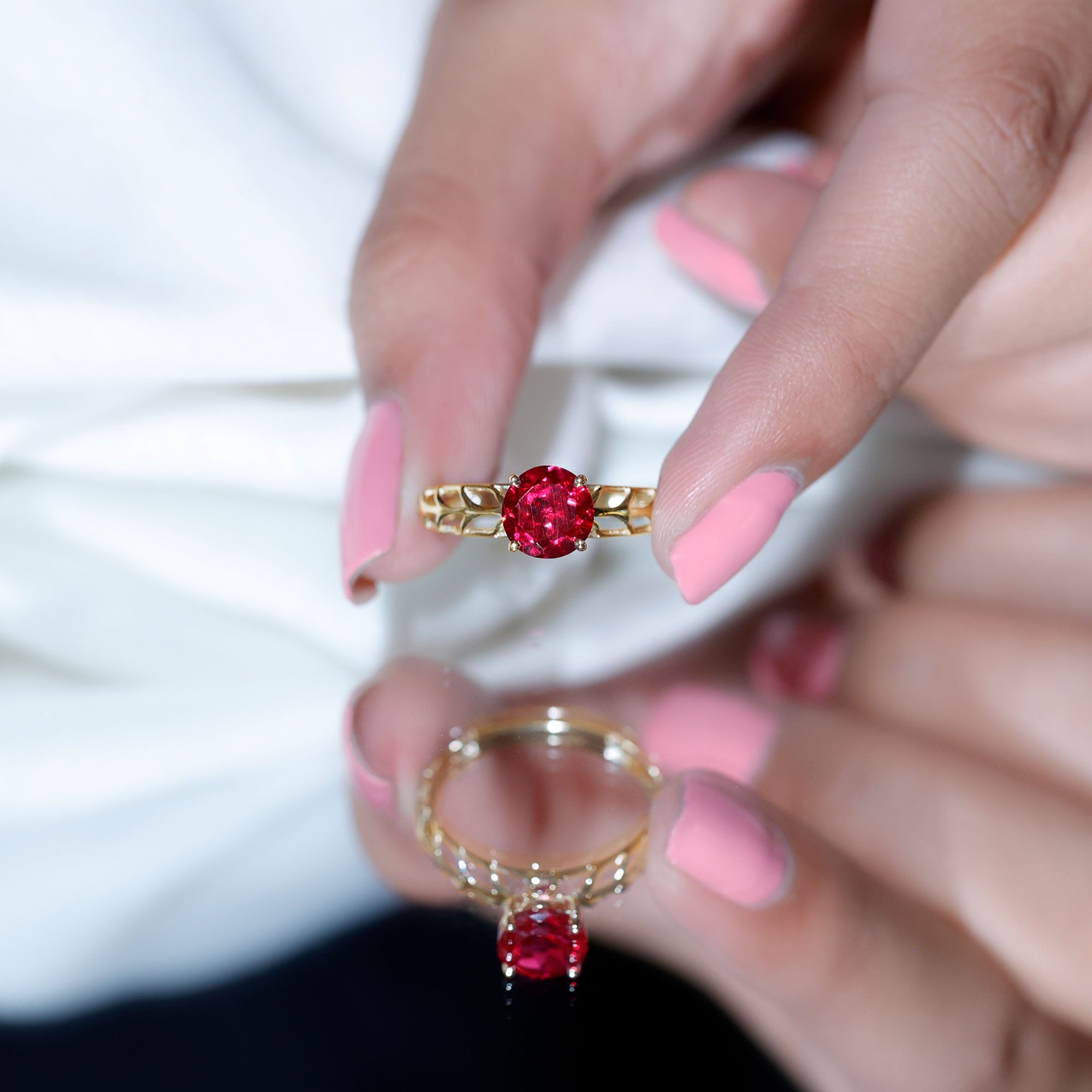 Rosec Jewels-7 MM Lab Created Ruby Solitaire Gold Filigree Ring