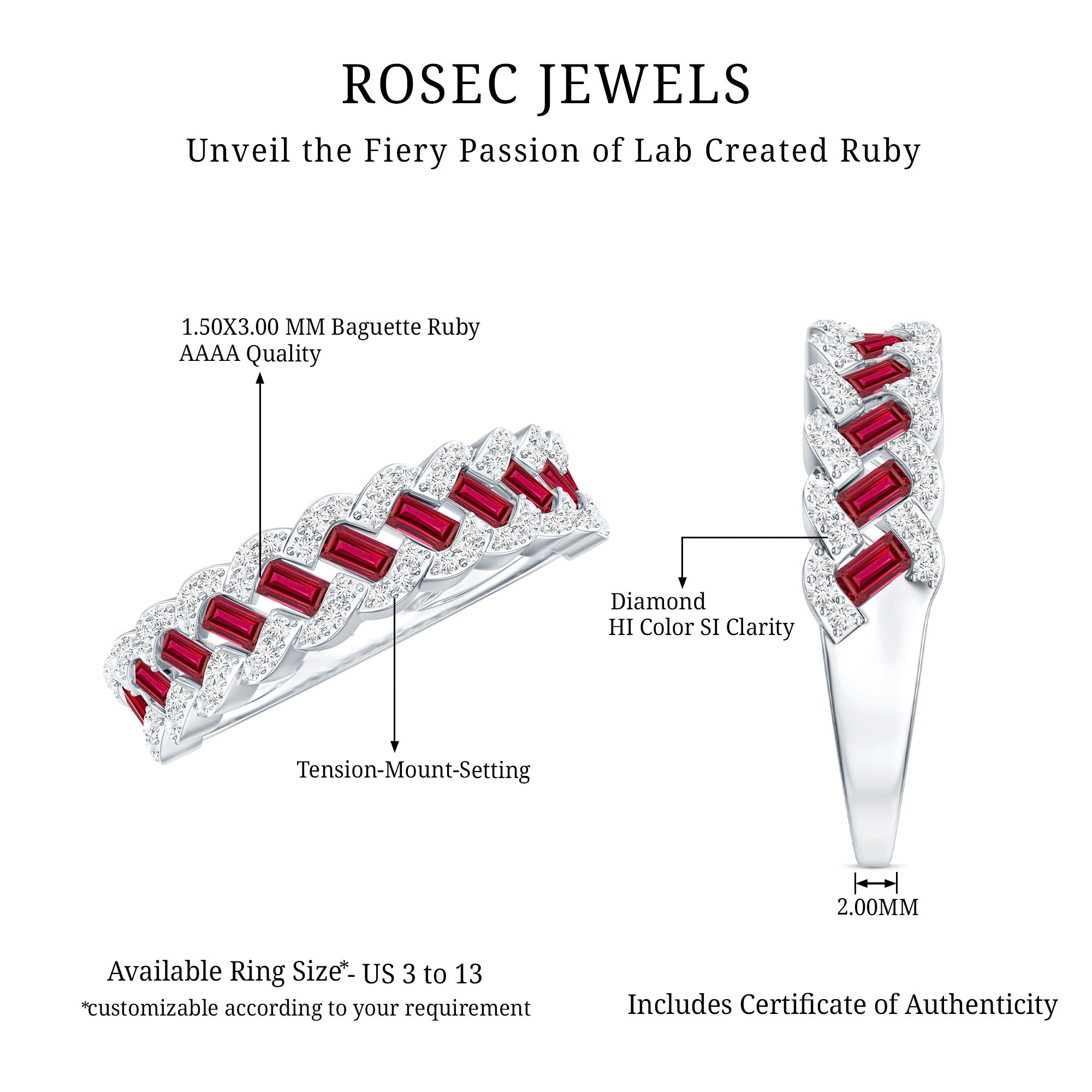 Baguette Created Ruby Braided Eternity Band Ring with Diamond AAAA - Rosec Jewels