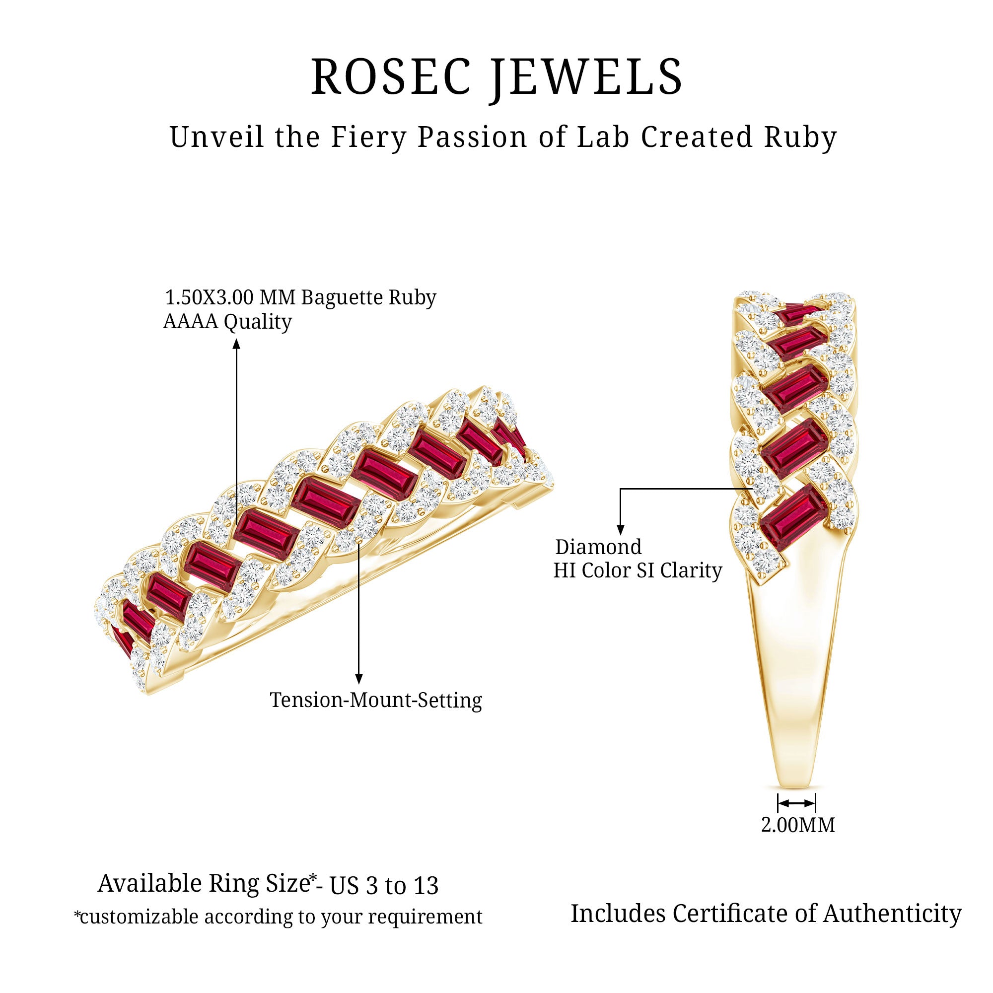 Baguette Created Ruby Braided Eternity Band Ring with Diamond AAAA - Rosec Jewels