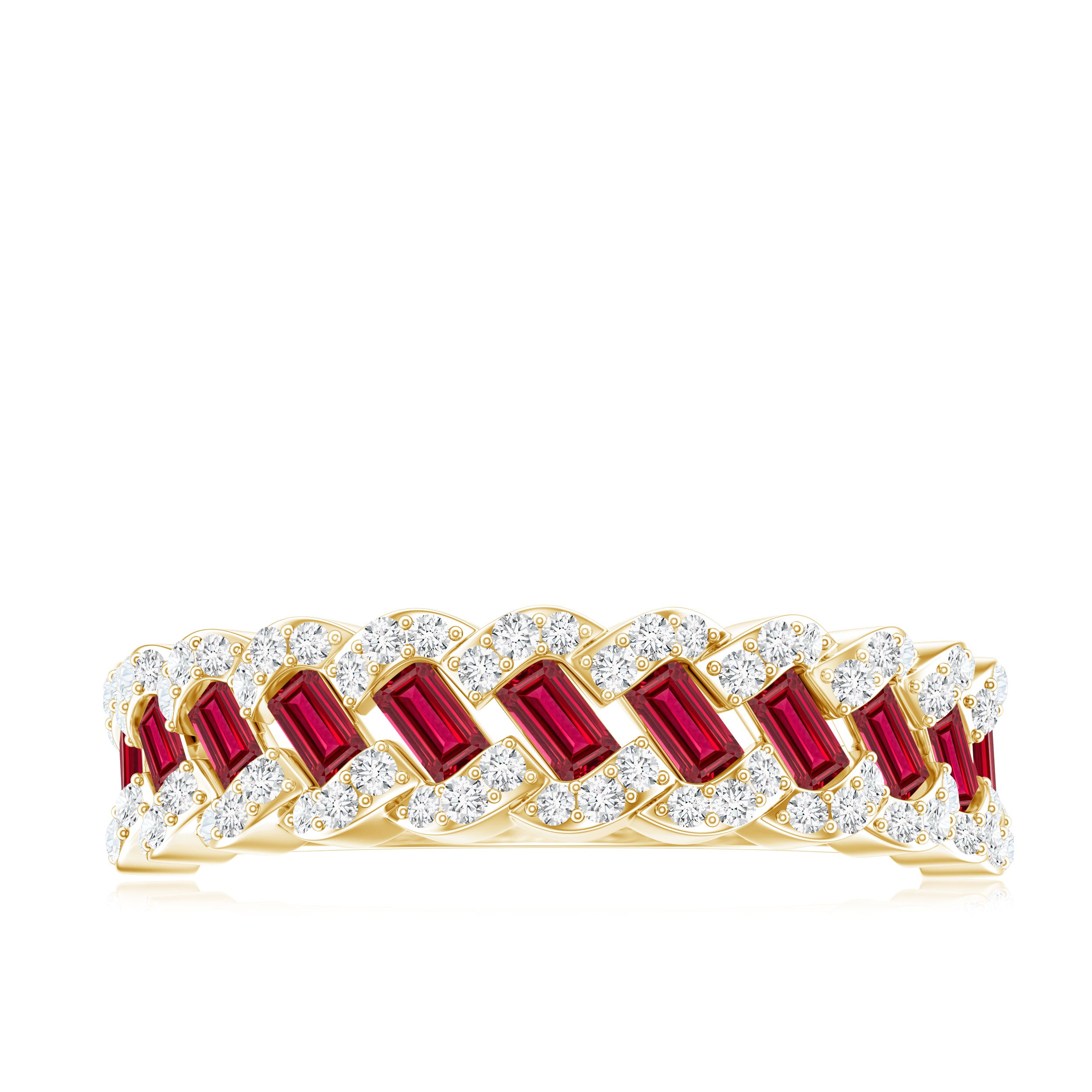 Baguette Created Ruby Braided Eternity Band Ring with Diamond AAAA - Rosec Jewels