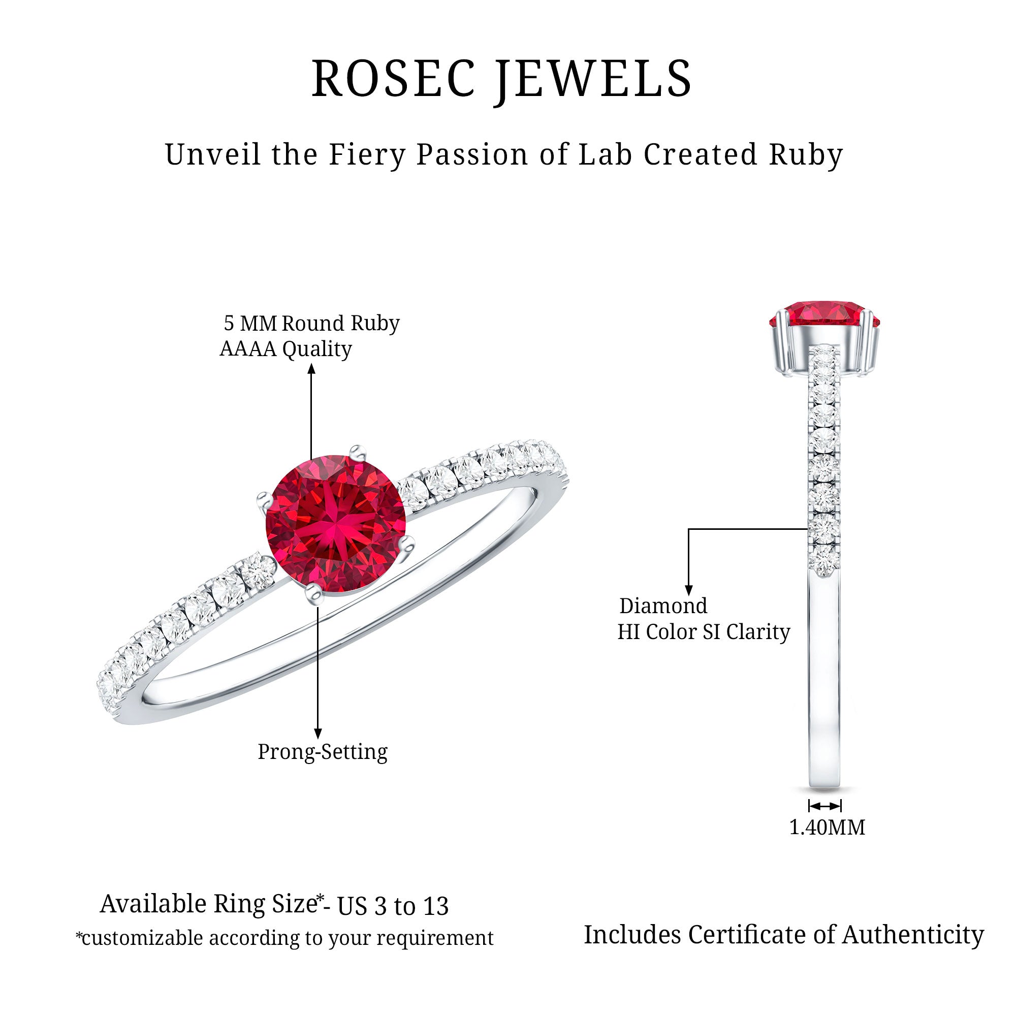 Round Lab Created Ruby Solitaire Promise Ring with Diamond AAAA - Rosec Jewels
