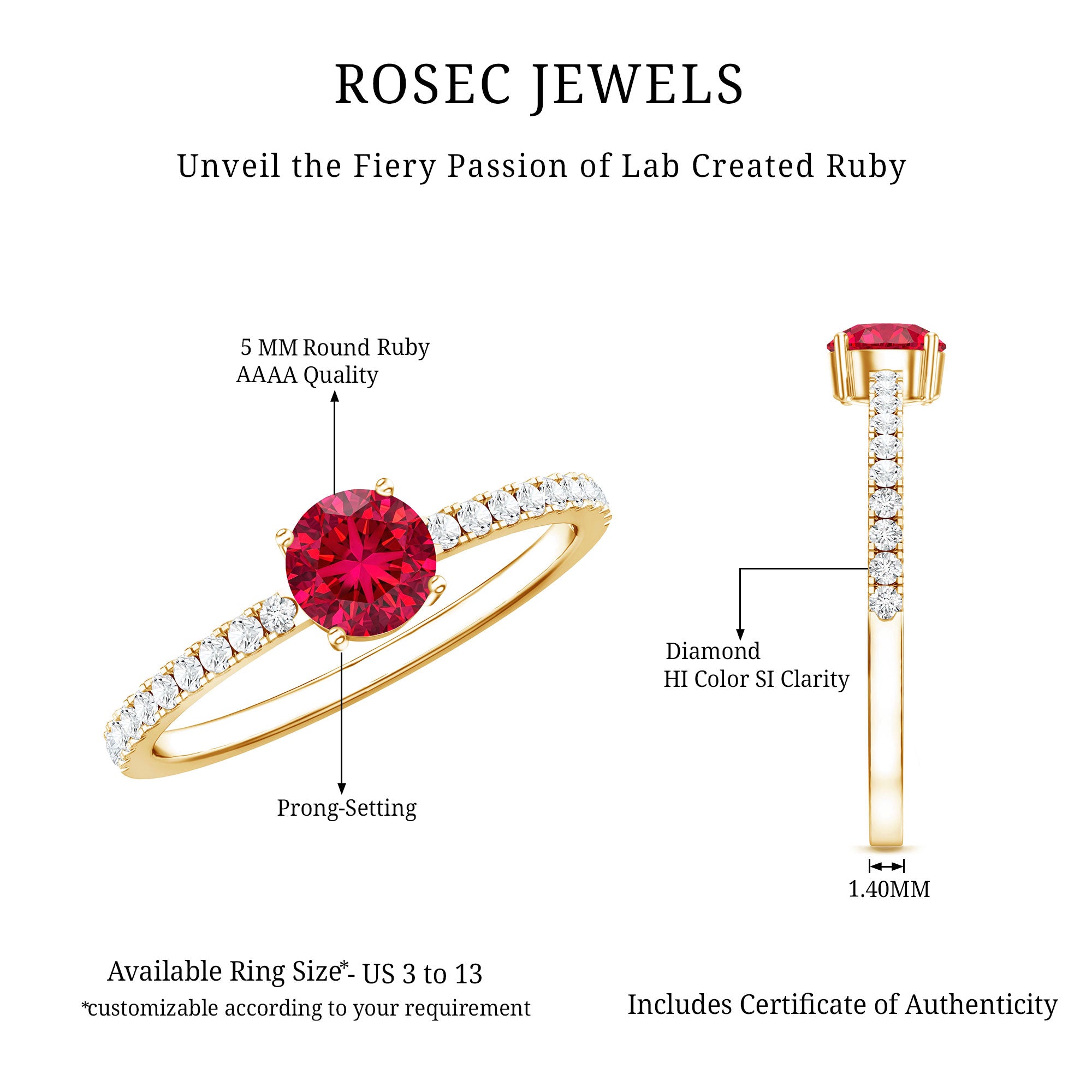 Round Lab Created Ruby Solitaire Promise Ring with Diamond AAAA - Rosec Jewels