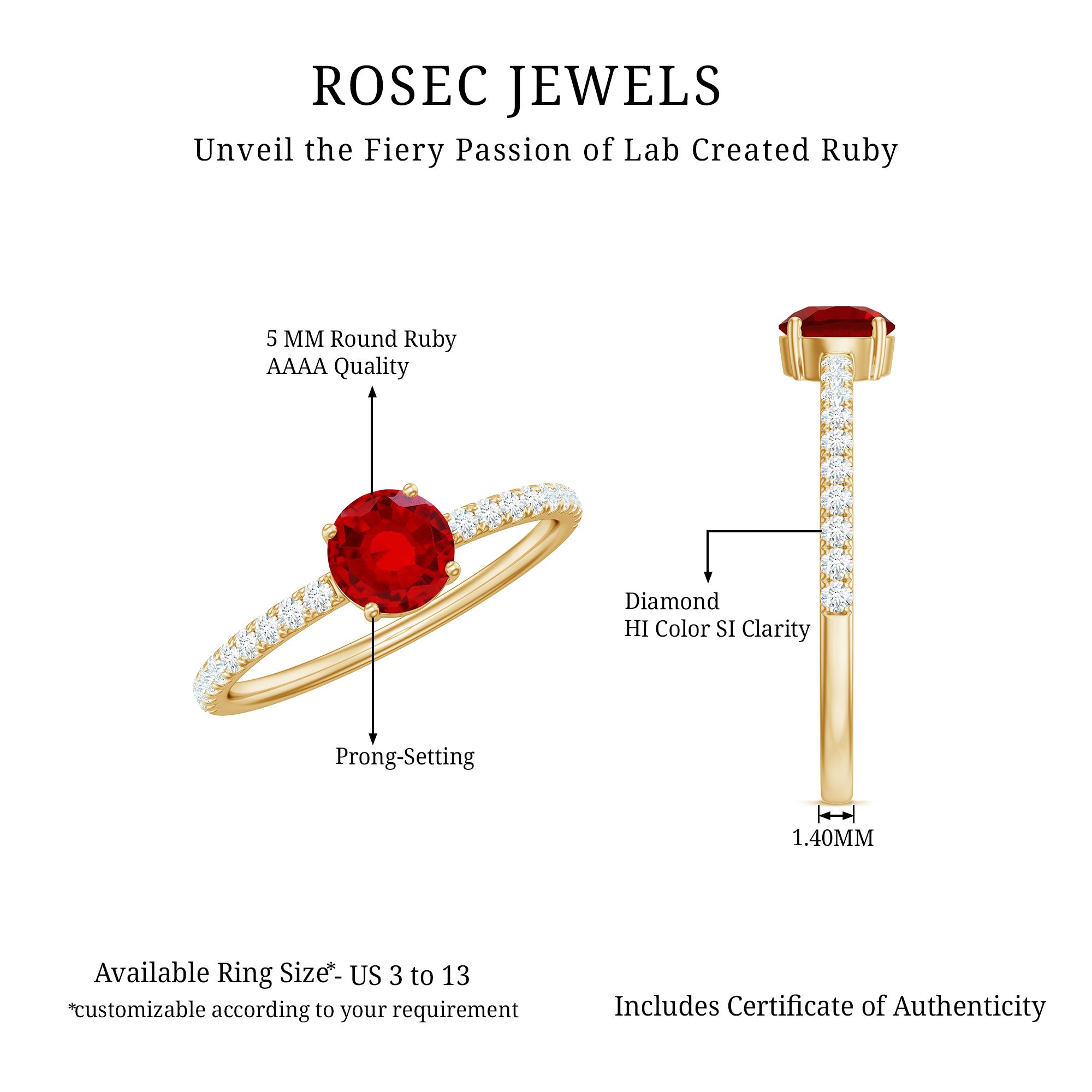 Round Lab Created Ruby Solitaire Promise Ring with Diamond AAAA - Rosec Jewels
