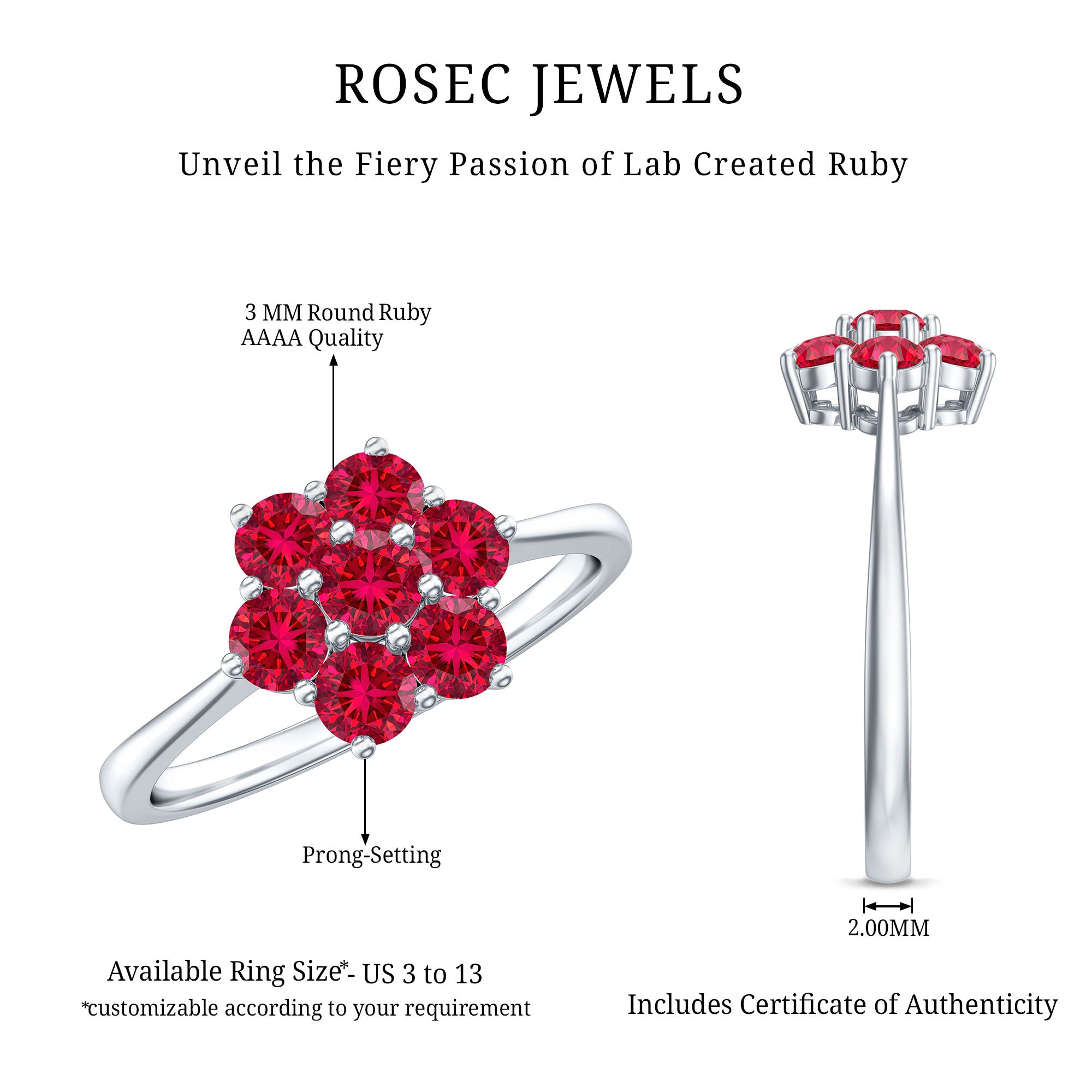Certified Round Cut Lab Created Ruby Cluster Flower Ring AAAA - Rosec Jewels