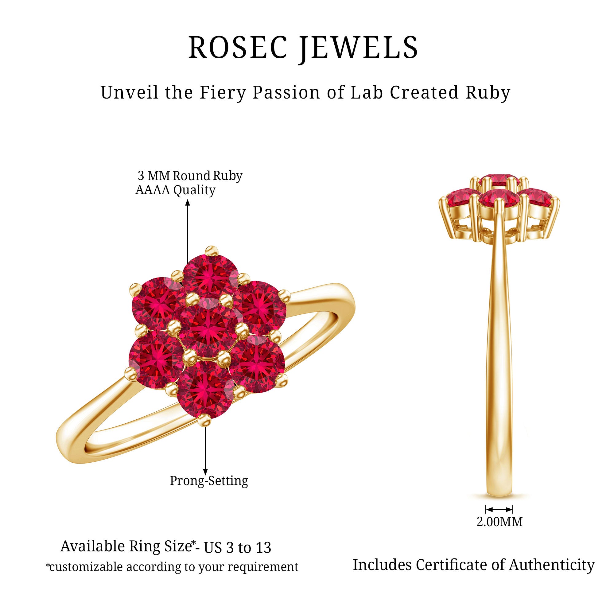 Certified Round Cut Lab Created Ruby Cluster Flower Ring AAAA - Rosec Jewels
