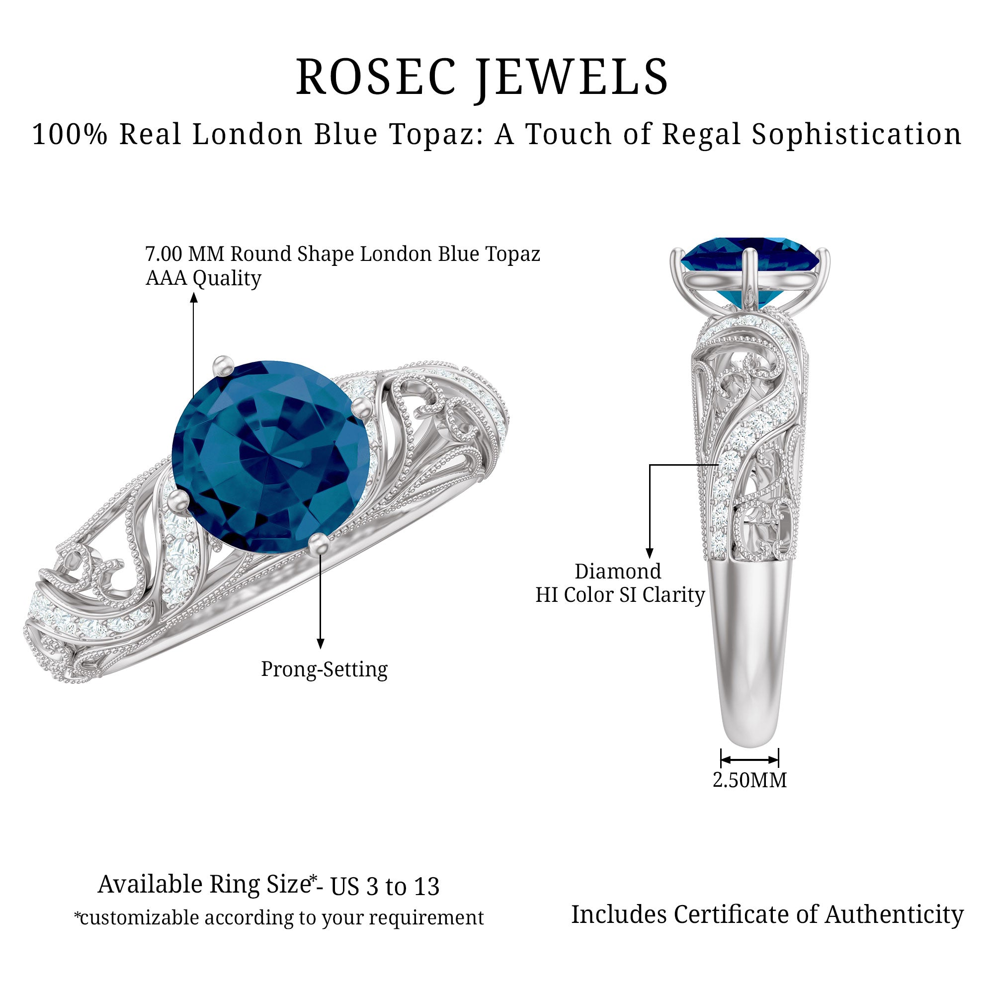 Rosec Jewels-London Blue Topaz and Diamond Vintage Inspired Engagement Ring