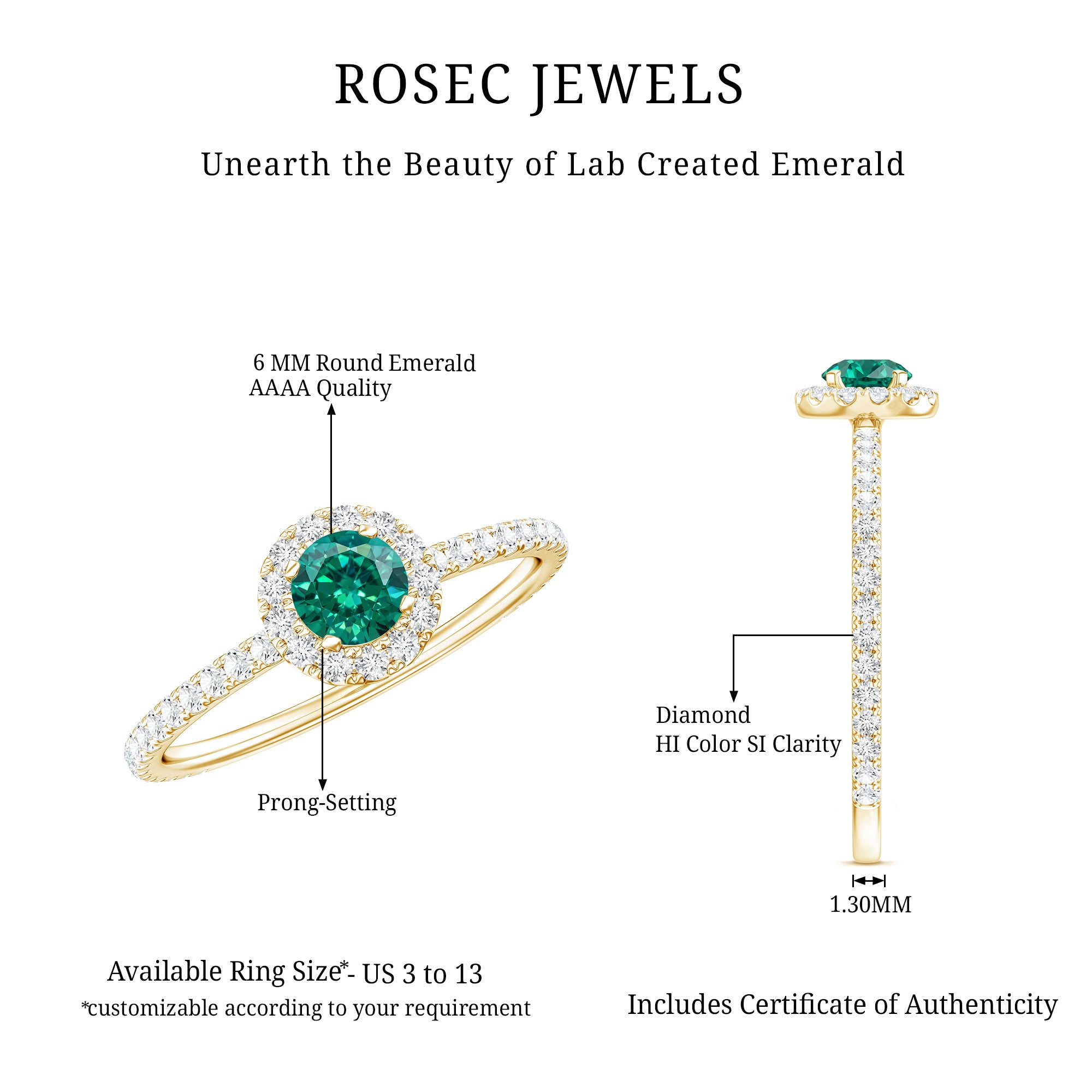 Certified Lab Grown Emerald Engagement Ring with Diamond Halo AAAA - Rosec Jewels