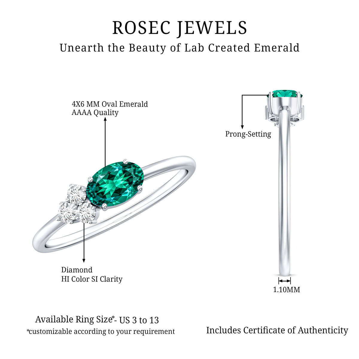 East West Style Oval Lab Grown Emerald Promise Ring with Diamond Trio AAAA - Rosec Jewels