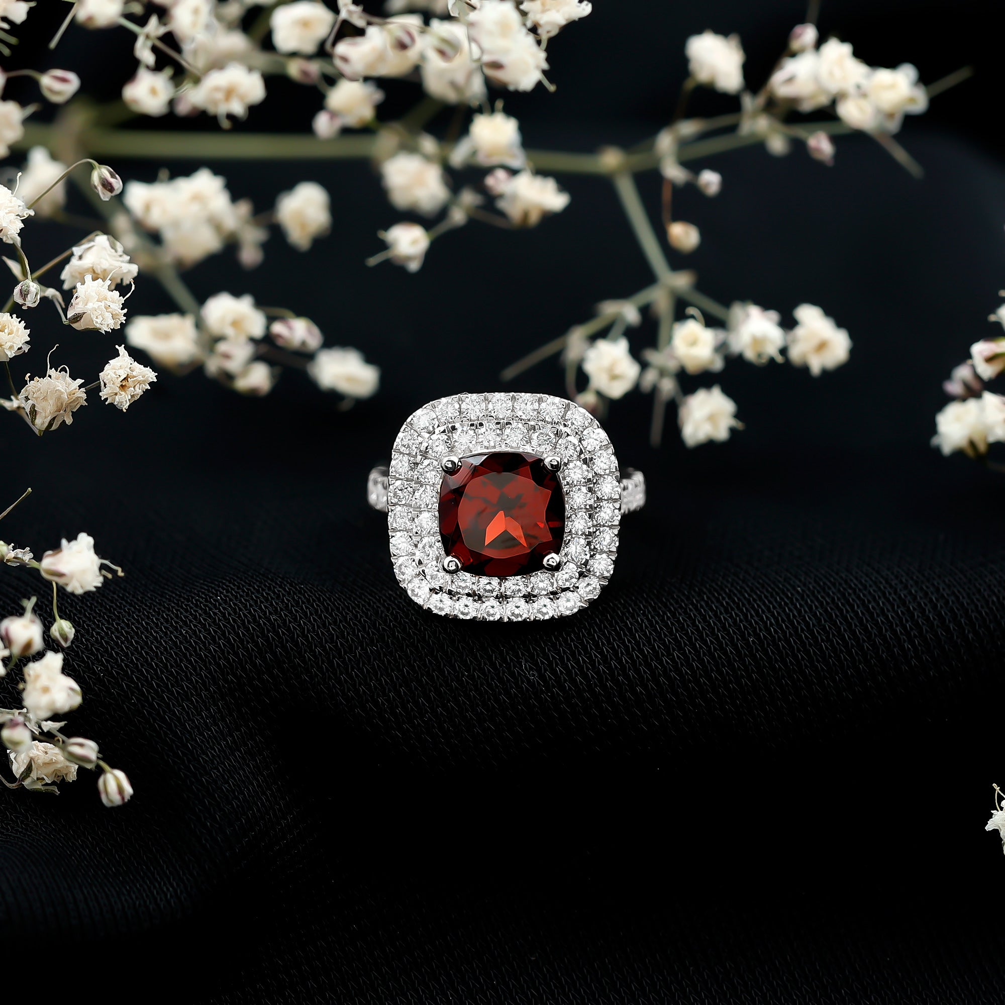 Natural Garnet Double Halo Engagement Ring with Moissanite AAA - Rosec Jewels