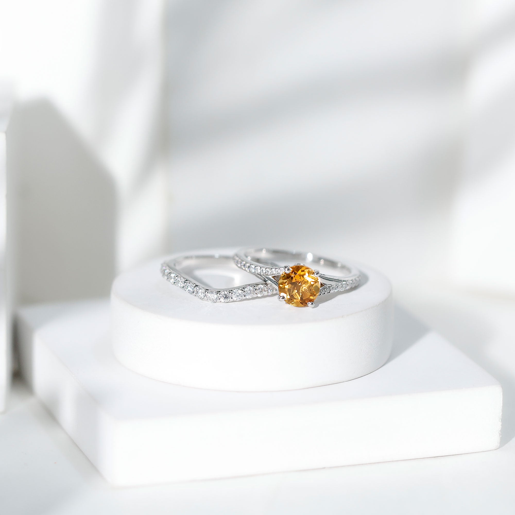 Certified Real Citrine Engagement Ring with Moissanite Wedding Band AAA - Rosec Jewels