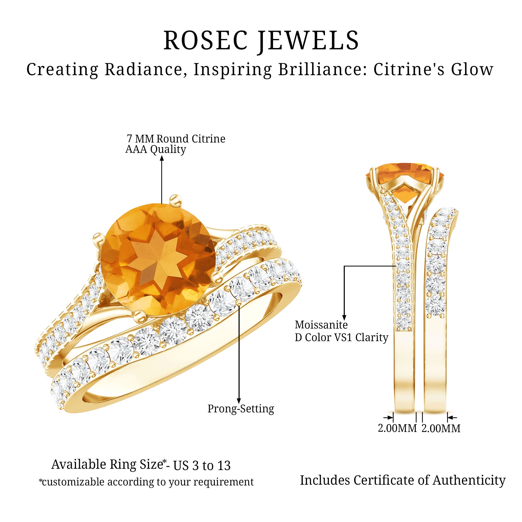 Certified Real Citrine Engagement Ring with Moissanite Wedding Band AAA - Rosec Jewels