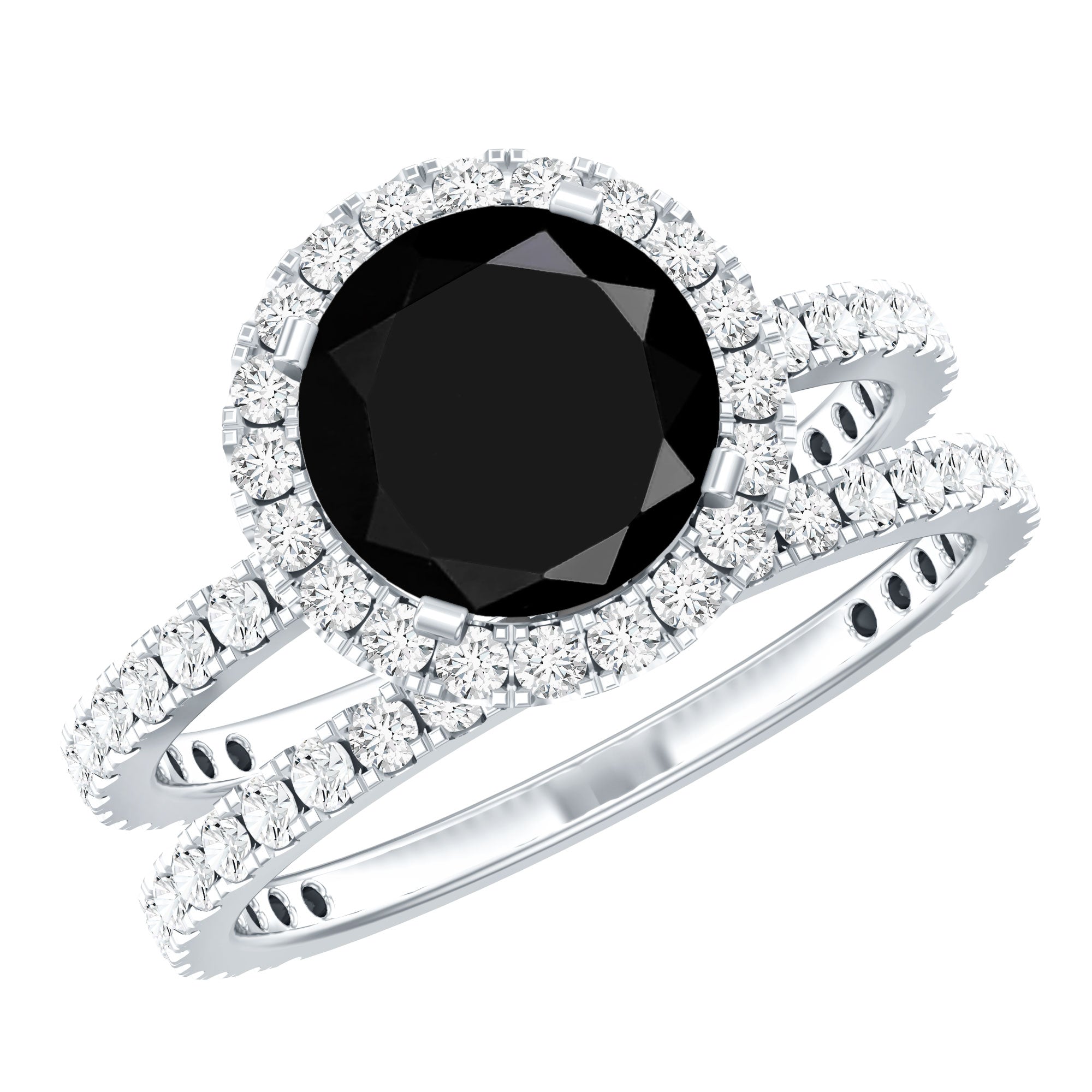 2 Carat Lab Grown Black Diamond Engagement Ring with Moissanite Wedding Band AAAA ( Synthetic ) - Rosec Jewels