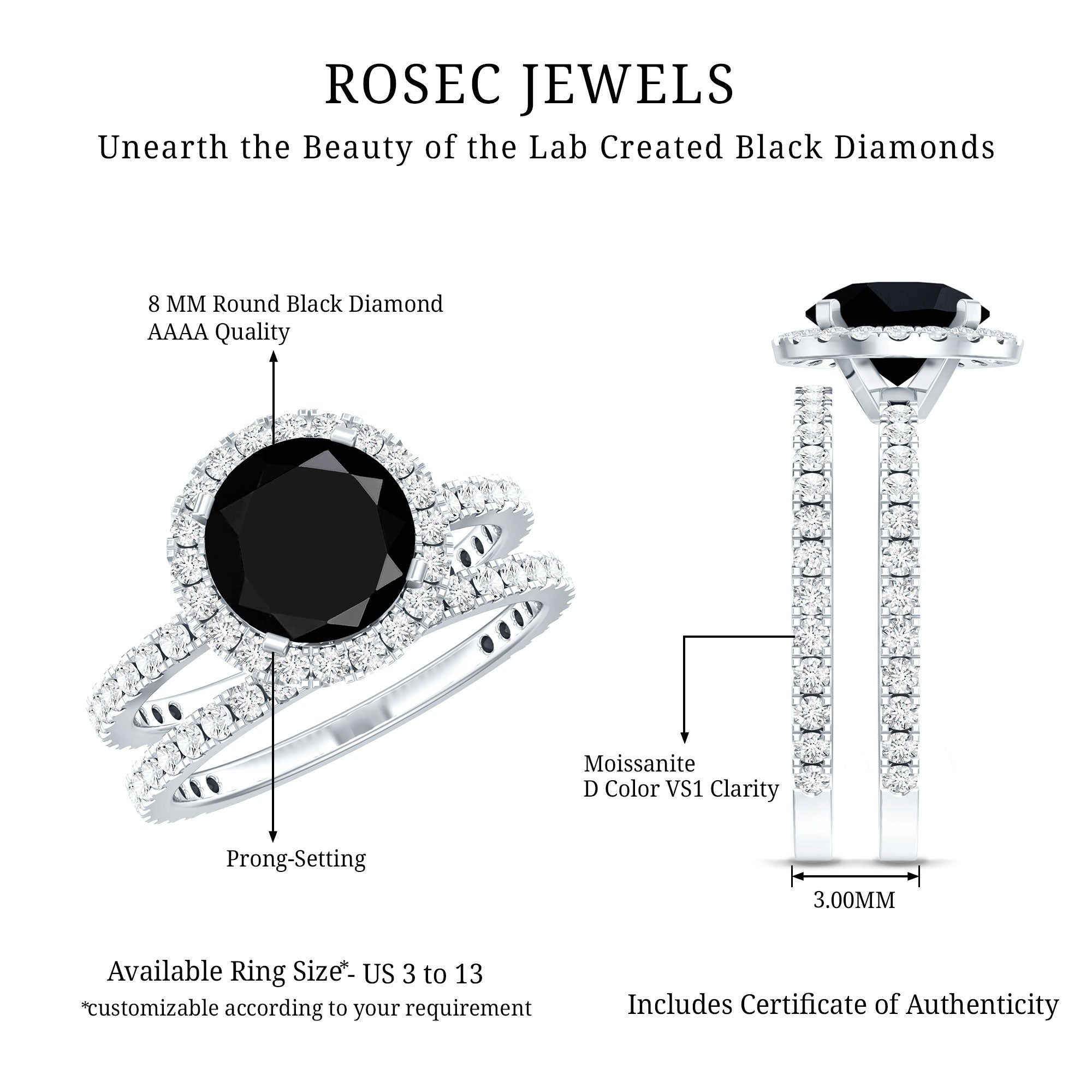 2 Carat Lab Grown Black Diamond Engagement Ring with Moissanite Wedding Band AAAA ( Synthetic ) - Rosec Jewels