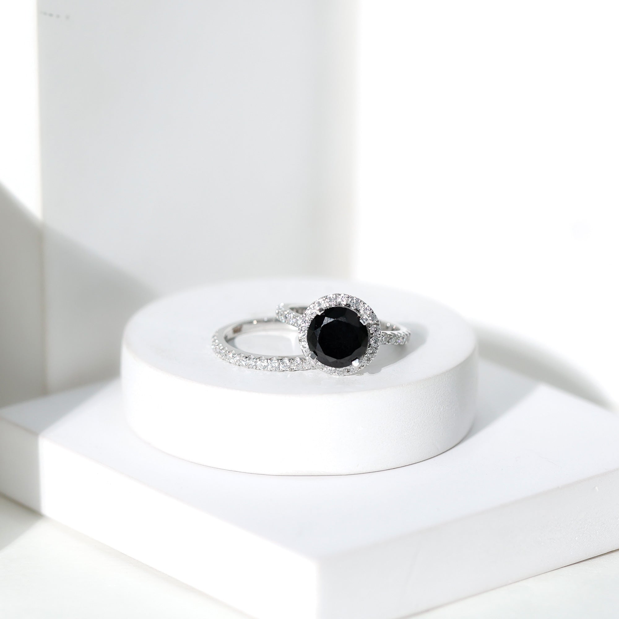 2 Carat Lab Grown Black Diamond Engagement Ring with Moissanite Wedding Band AAAA ( Synthetic ) - Rosec Jewels