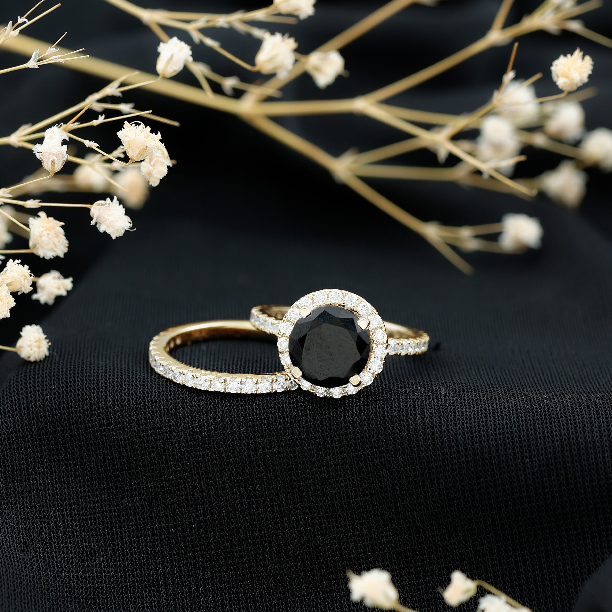 2 Carat Lab Grown Black Diamond Engagement Ring with Moissanite Wedding Band AAAA ( Synthetic ) - Rosec Jewels