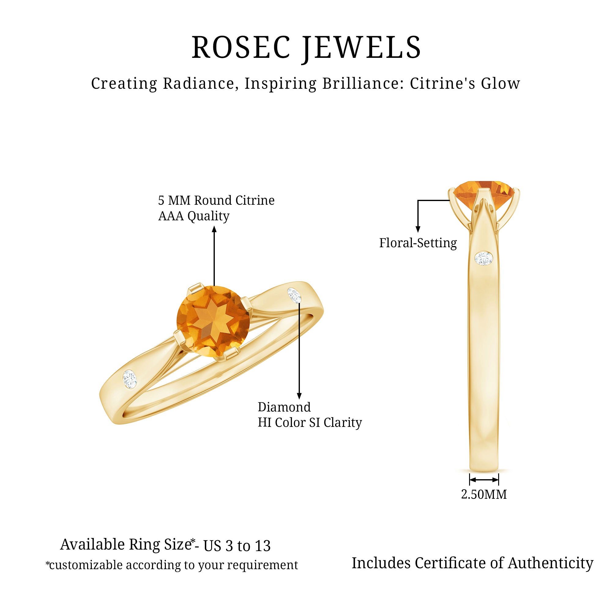 Certified Real Citrine Promise Ring with Diamond AAA - Rosec Jewels