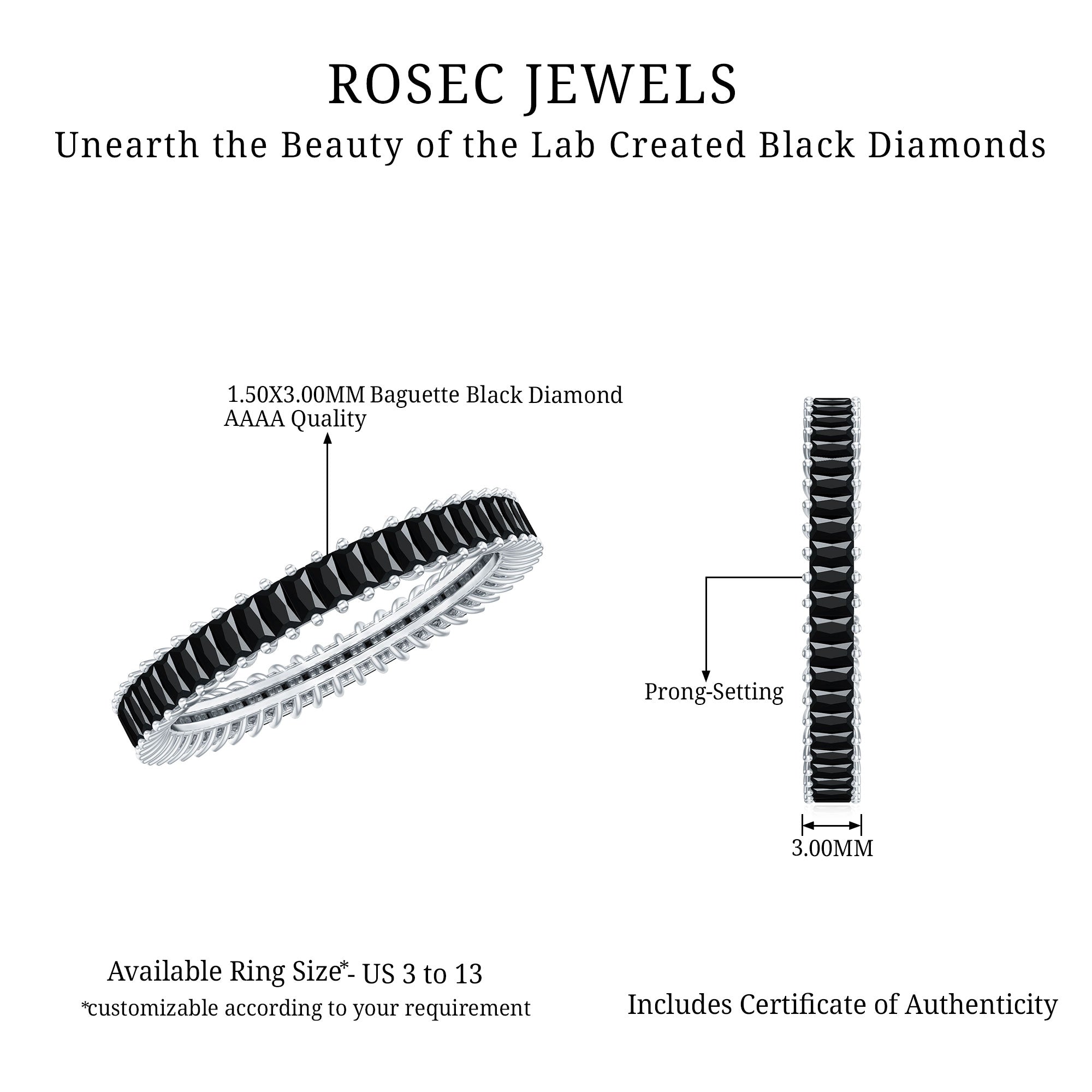 Certified Baguette Lab Grown Black Diamond Eternity Ring for Anniversary AAAA ( Synthetic ) - Rosec Jewels