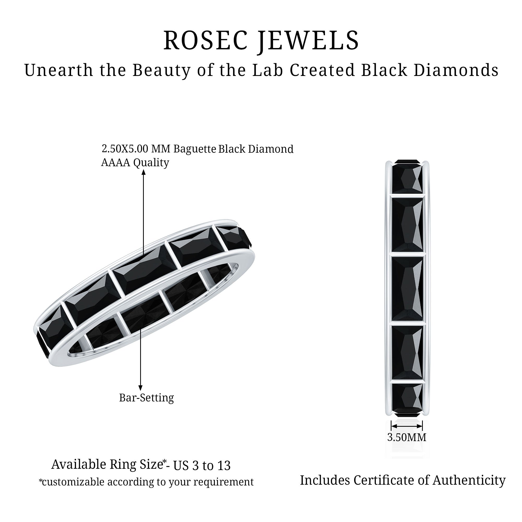 Baguette Cut Lab Grown Black Diamond Eternity Band Ring AAAA ( Synthetic ) - Rosec Jewels