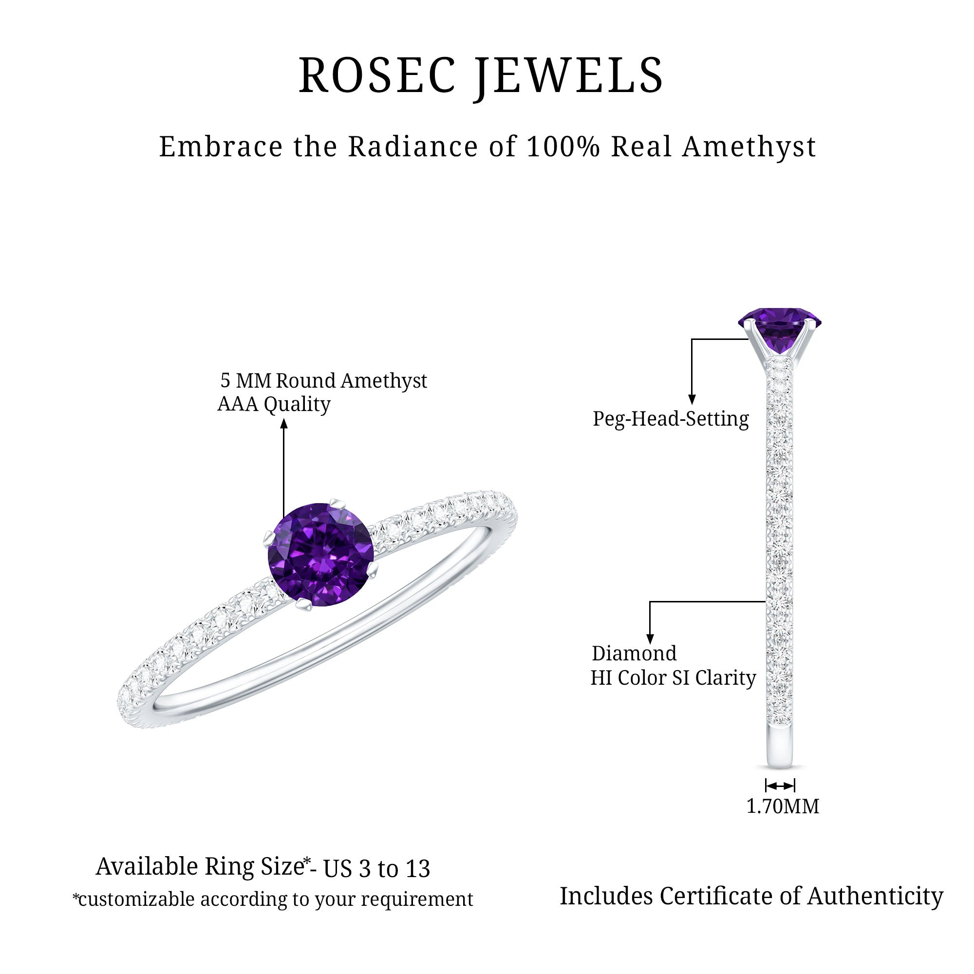 Real Amethyst Diamond Promise Ring for Women AAA - Rosec Jewels