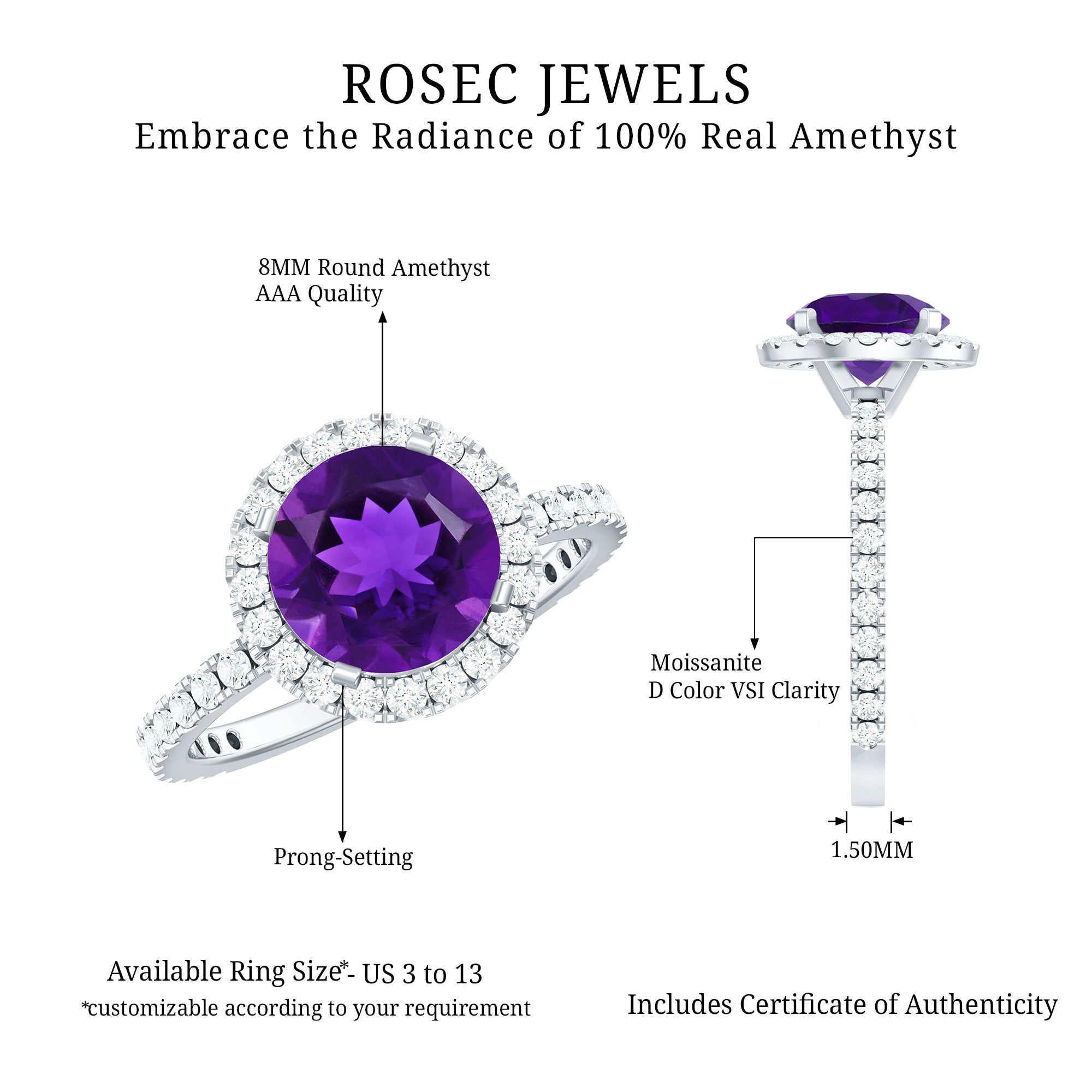 Certified Real 2 Carat Amethyst Engagement Ring with Moissanite Halo AAA - Rosec Jewels