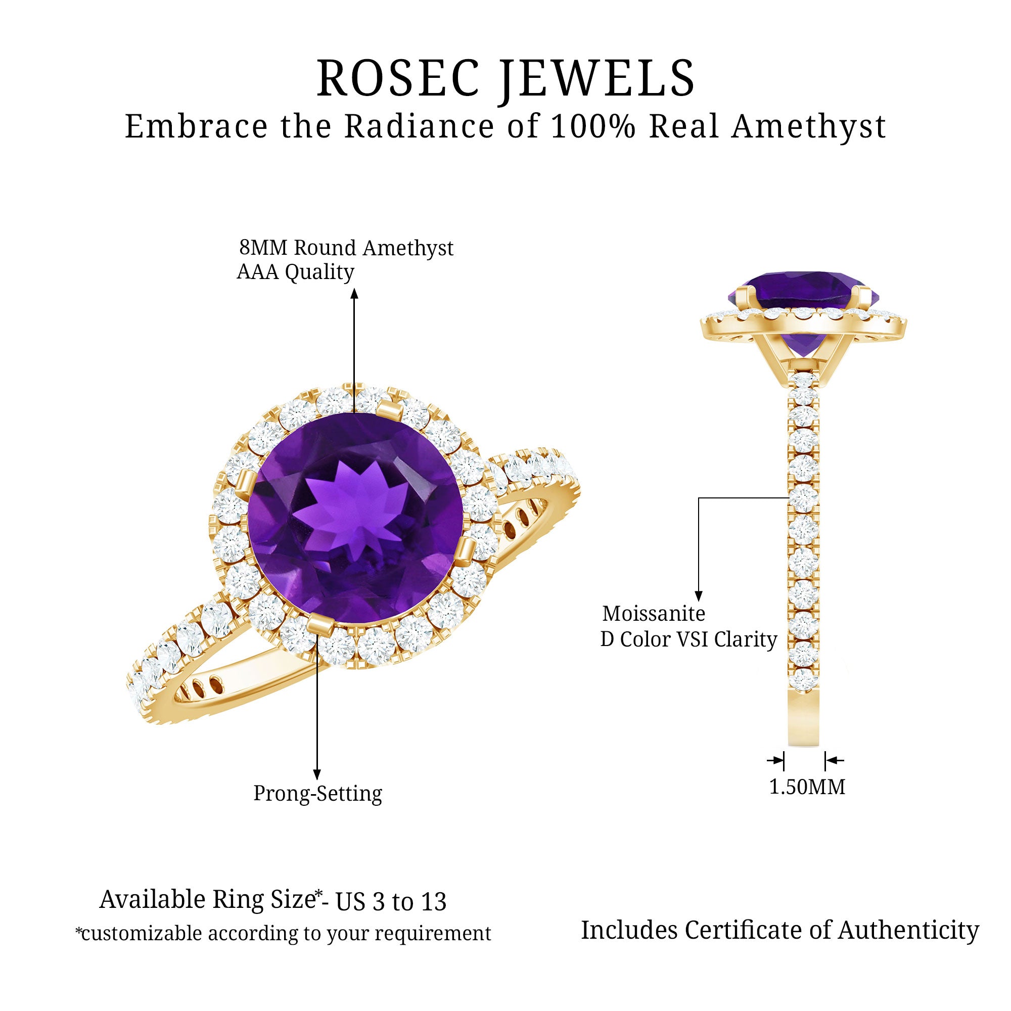 Certified Real 2 Carat Amethyst Engagement Ring with Moissanite Halo AAA - Rosec Jewels