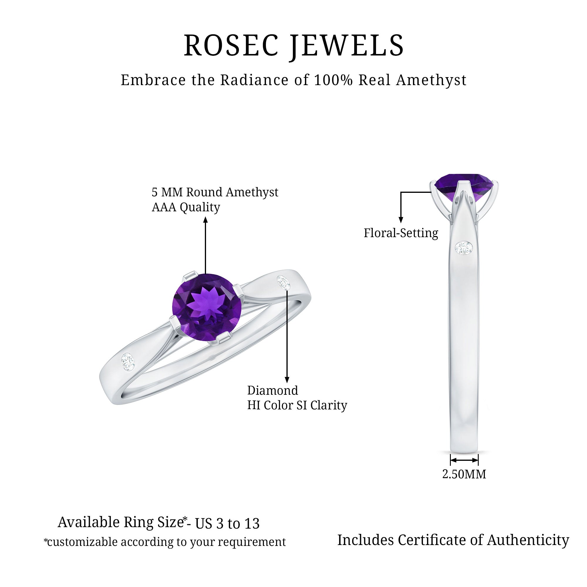Rosec Jewels-1/2 CT Solitaire Round Shape Amethyst Ring with Diamond
