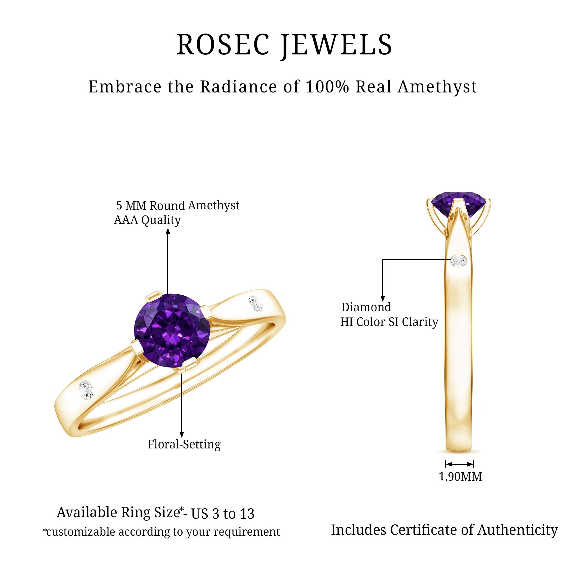 0.4 Carat Solitaire Round Shape Amethyst Ring with Diamond AAA - Rosec Jewels