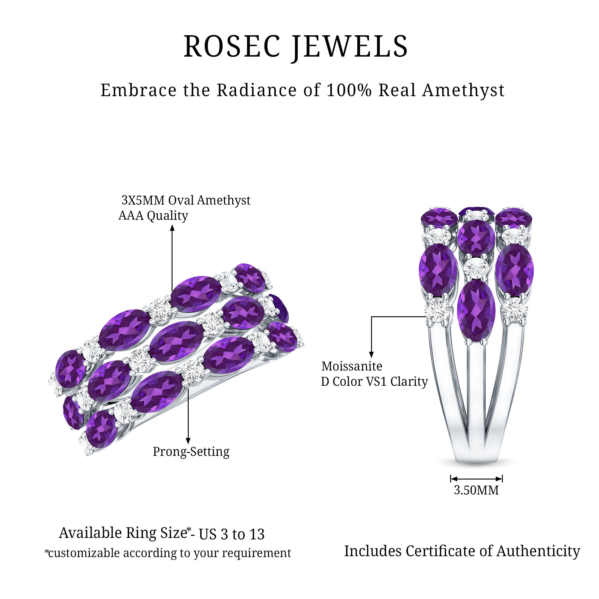Certified Amethyst and Moissanite Three Row Wedding Band AAA - Rosec Jewels