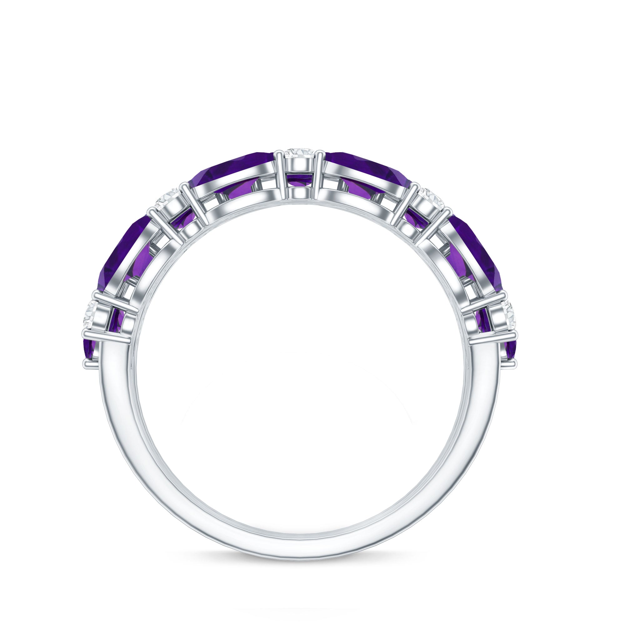 Certified Amethyst and Moissanite Three Row Wedding Band AAA - Rosec Jewels