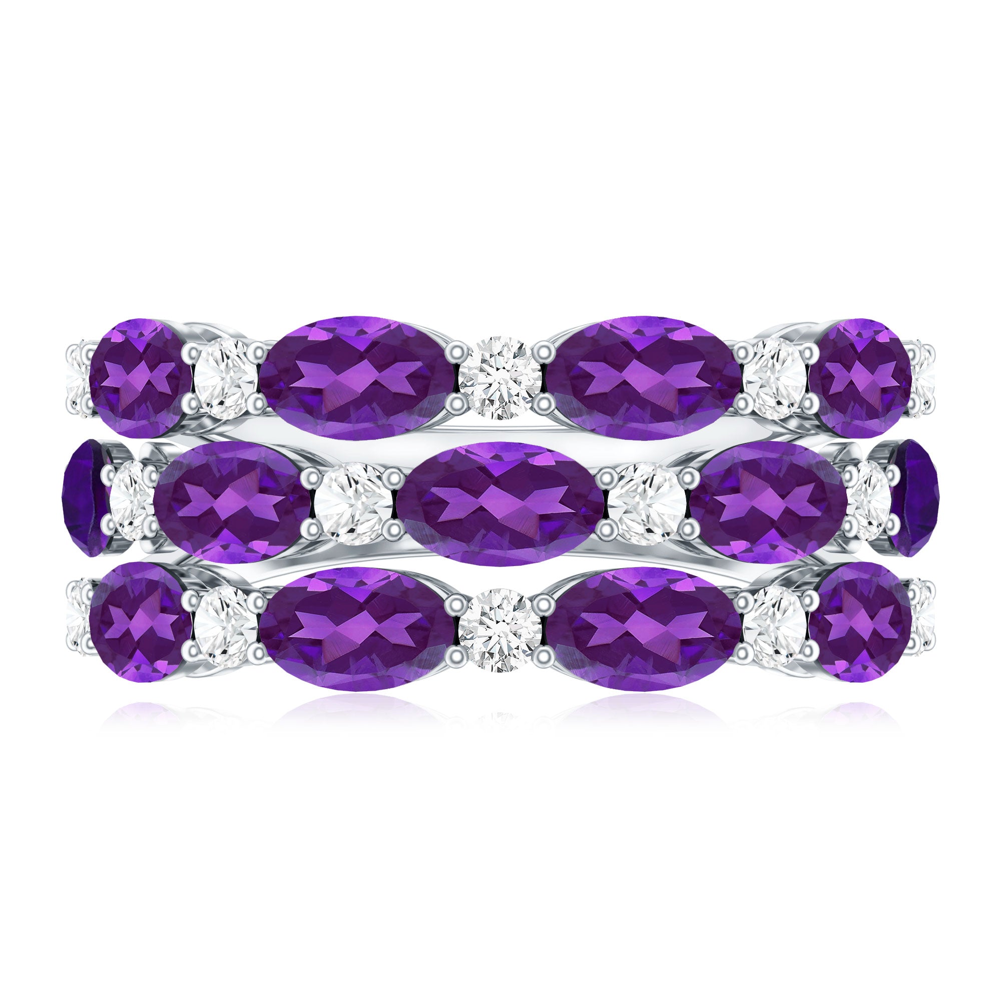 Certified Amethyst and Moissanite Three Row Wedding Band AAA - Rosec Jewels