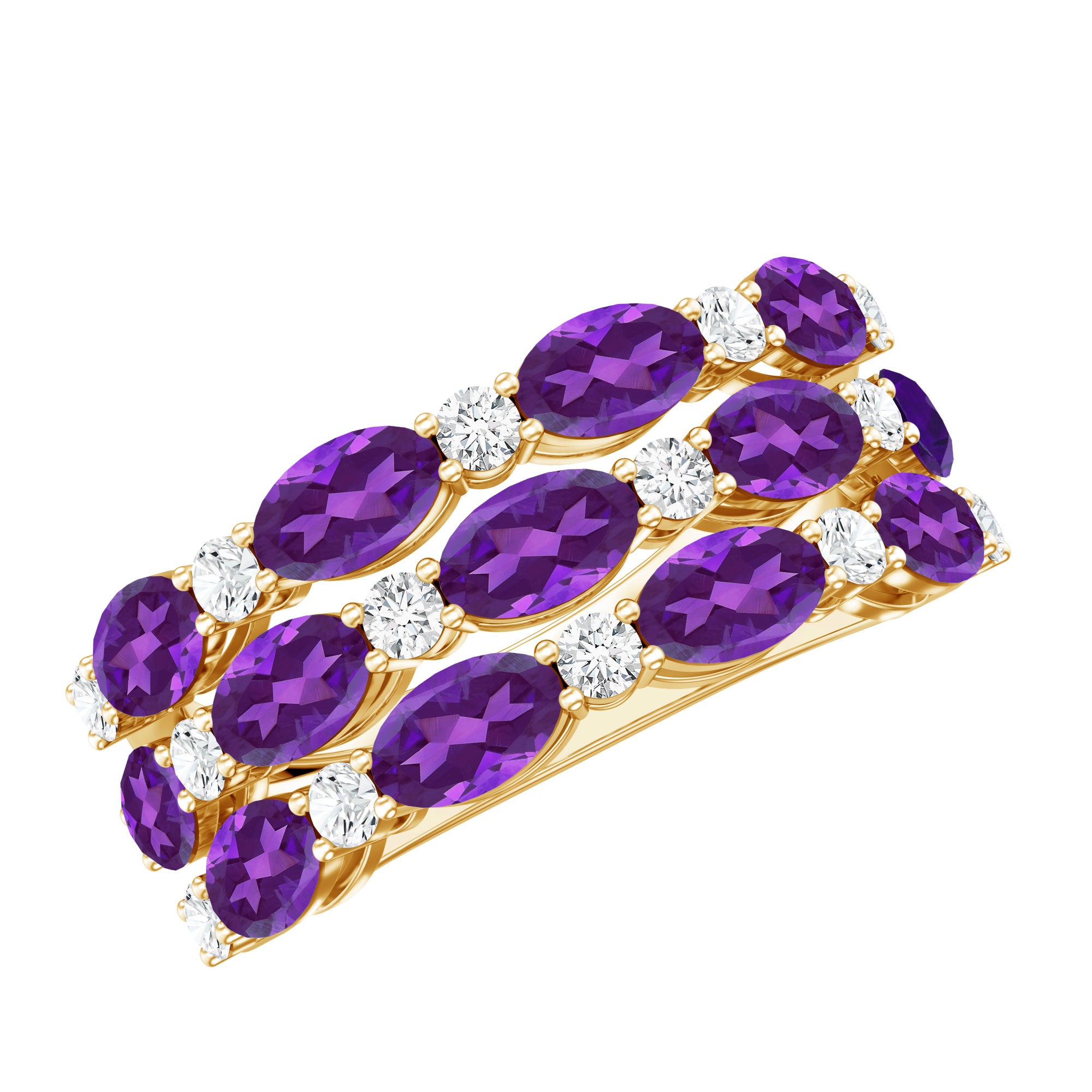 Certified Amethyst and Moissanite Three Row Wedding Band AAA - Rosec Jewels