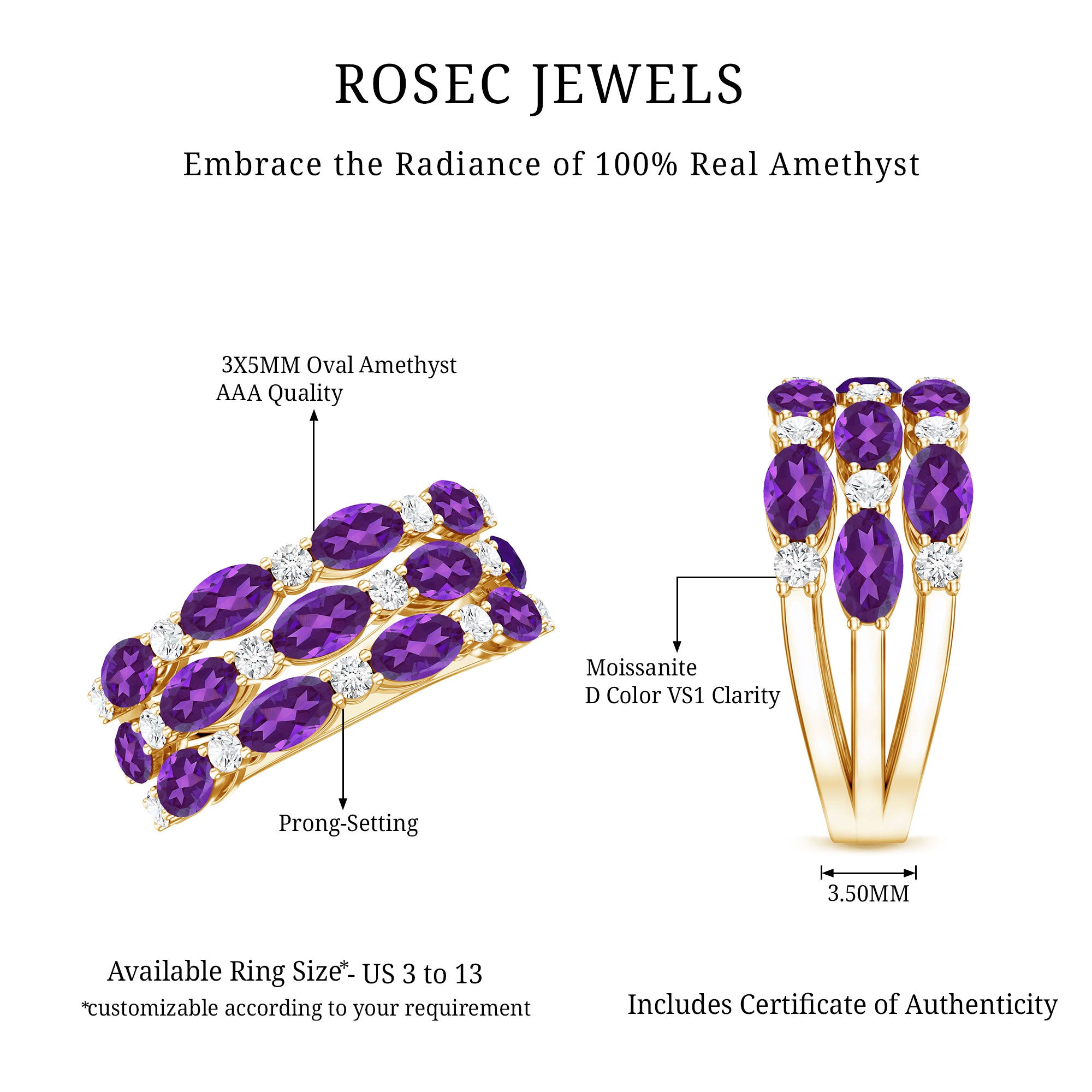 Certified Amethyst and Moissanite Three Row Wedding Band AAA - Rosec Jewels