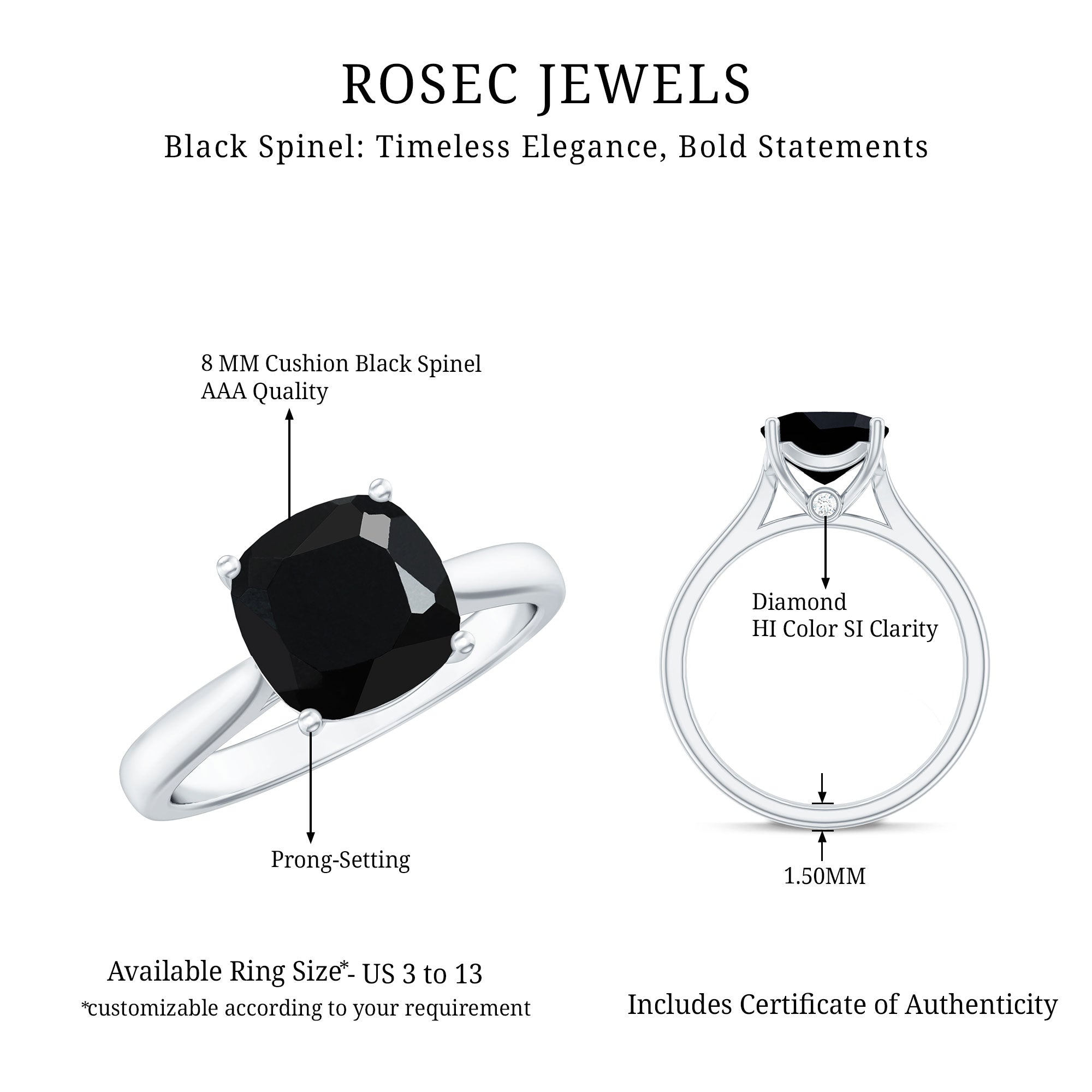 Rosec Jewels-2 Carat Cushion Cut Black Spinel Solitaire Engagement Ring
