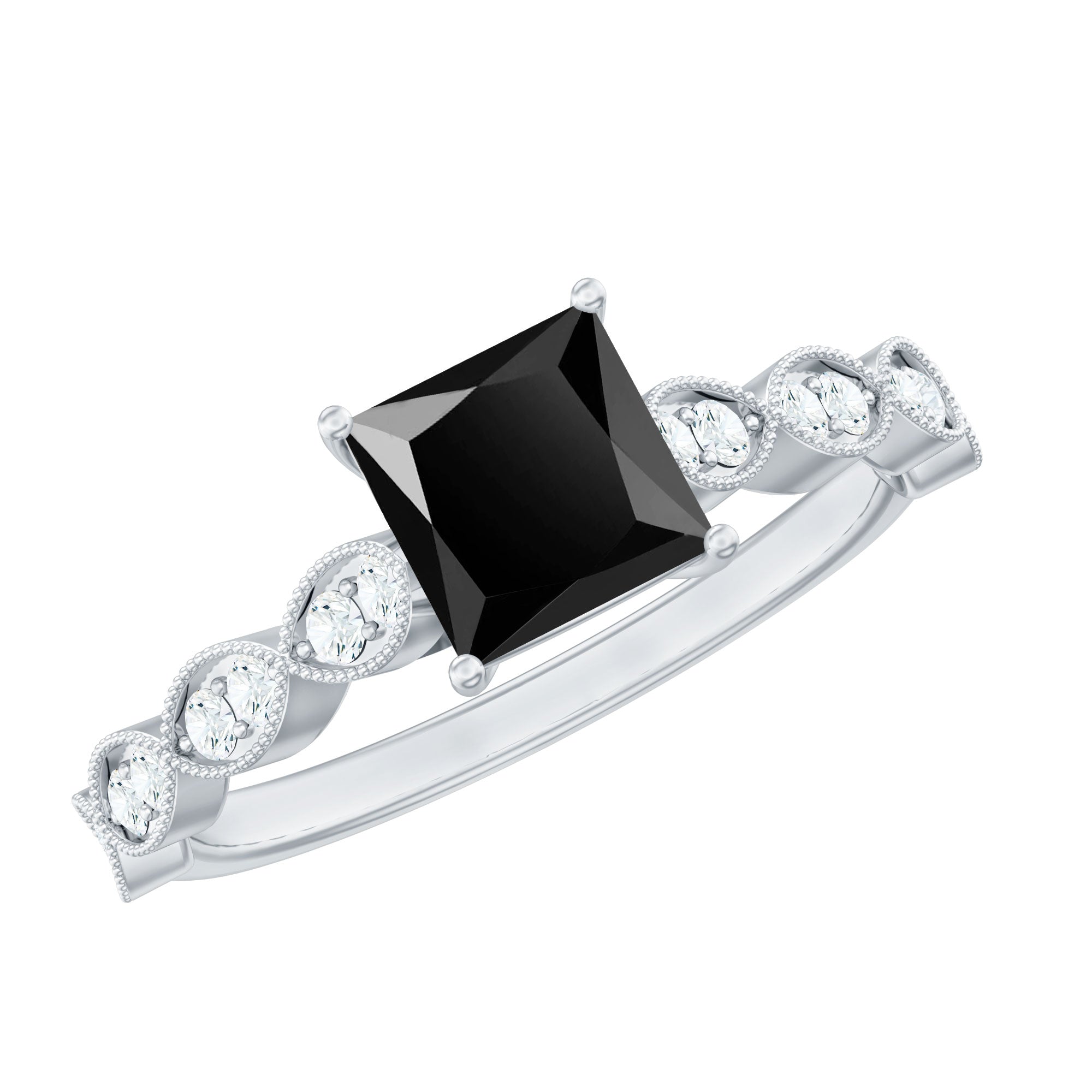 Princess Cut Black Onyx and Diamond Designer Engagement Ring AAA - Rosec Jewels