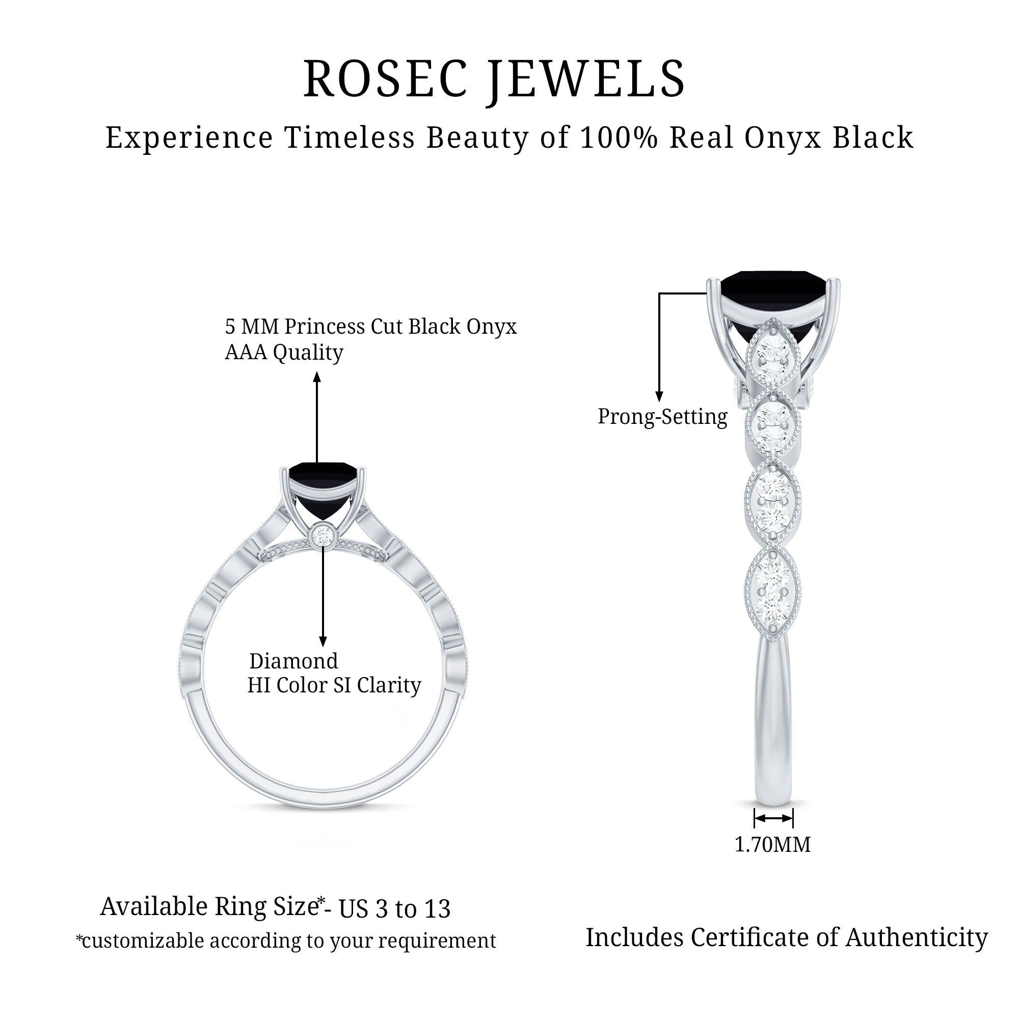 Princess Cut Black Onyx and Diamond Designer Engagement Ring AAA - Rosec Jewels