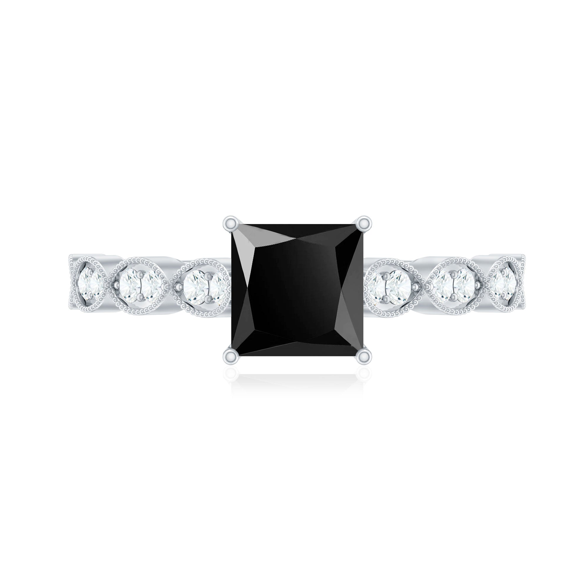 Princess Cut Black Onyx and Diamond Designer Engagement Ring AAA - Rosec Jewels