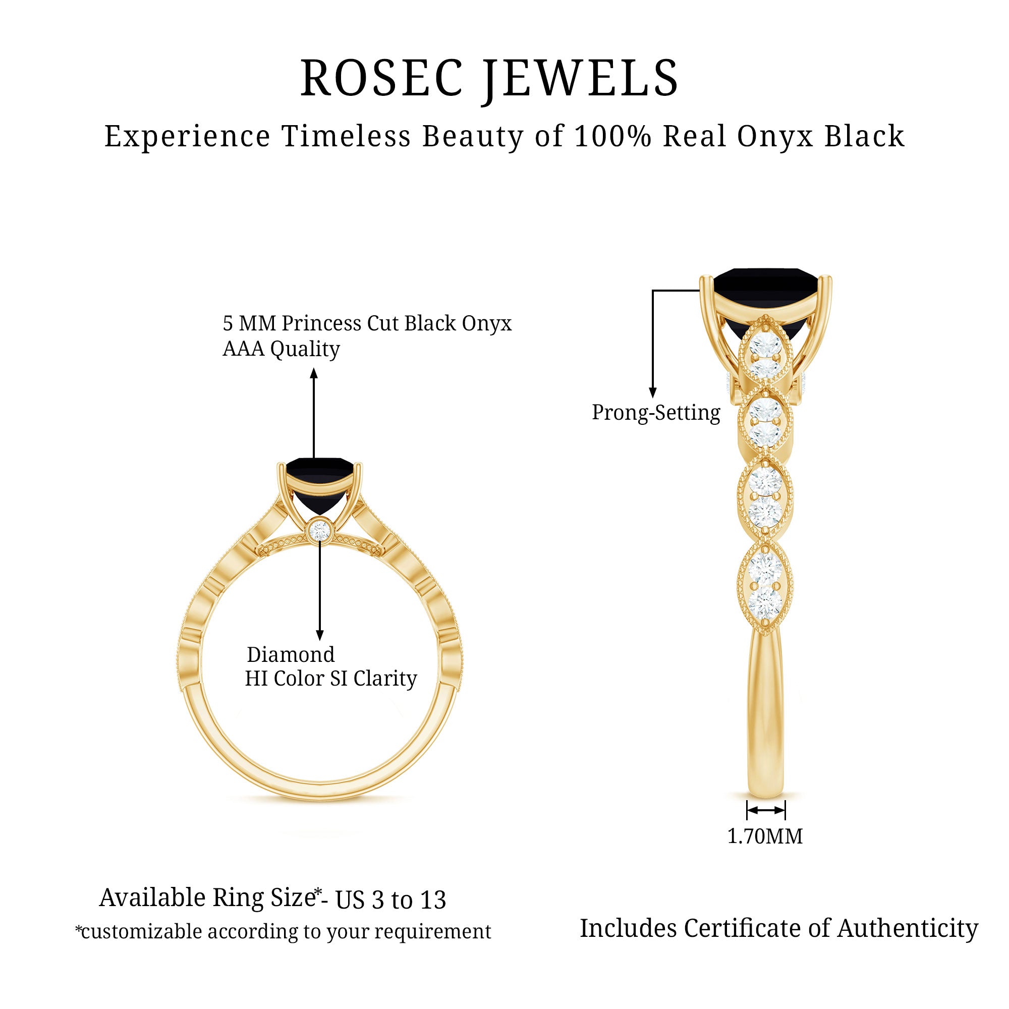 Princess Cut Black Onyx and Diamond Designer Engagement Ring AAA - Rosec Jewels