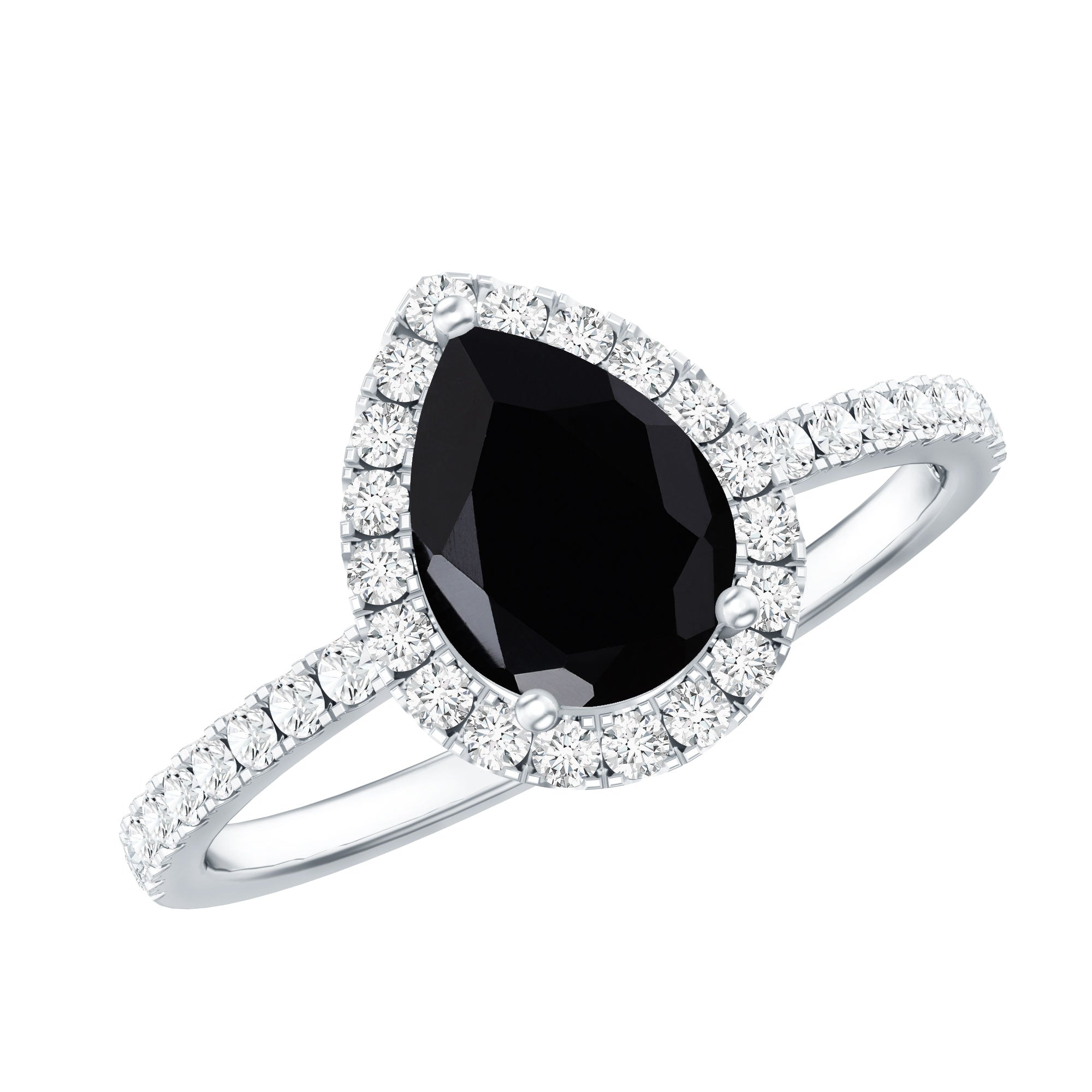 Natural Black Spinel Pear Shaped Engagement Ring with Diamond Halo AAA - Rosec Jewels
