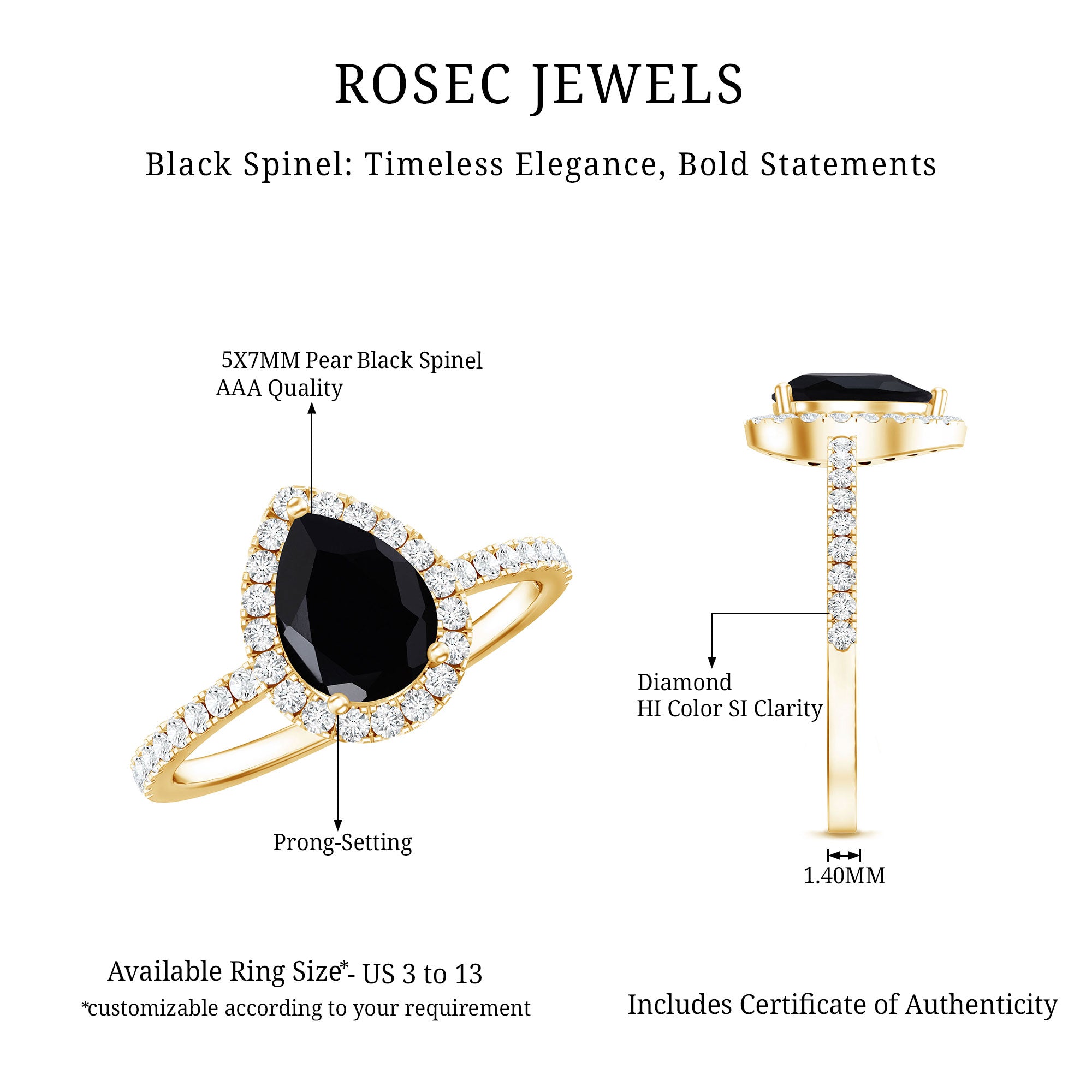 Natural Black Spinel Pear Shaped Engagement Ring with Diamond Halo AAA - Rosec Jewels