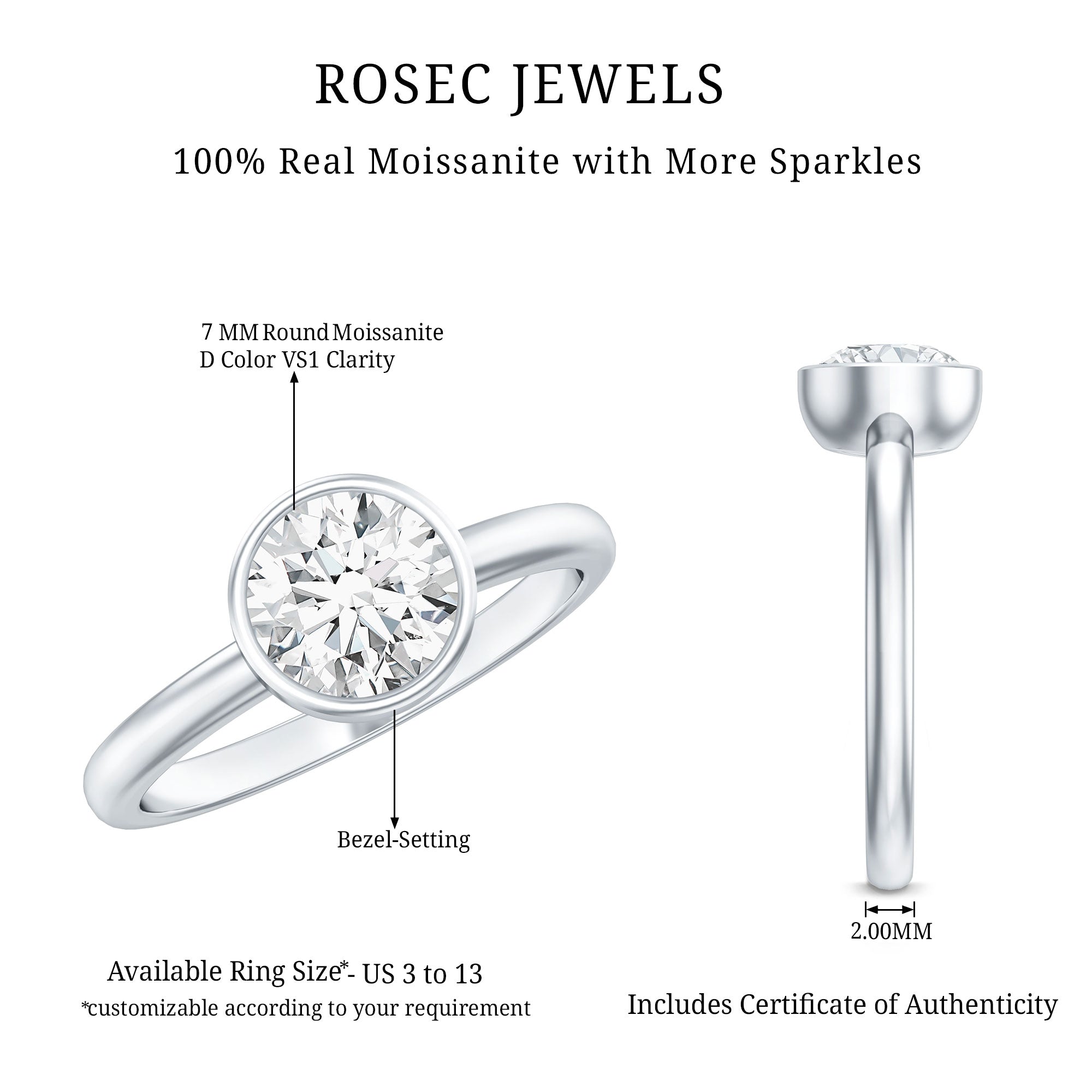 Bezel Set Moissanite Solitaire Ring For Engagement D-VS1 - Rosec Jewels